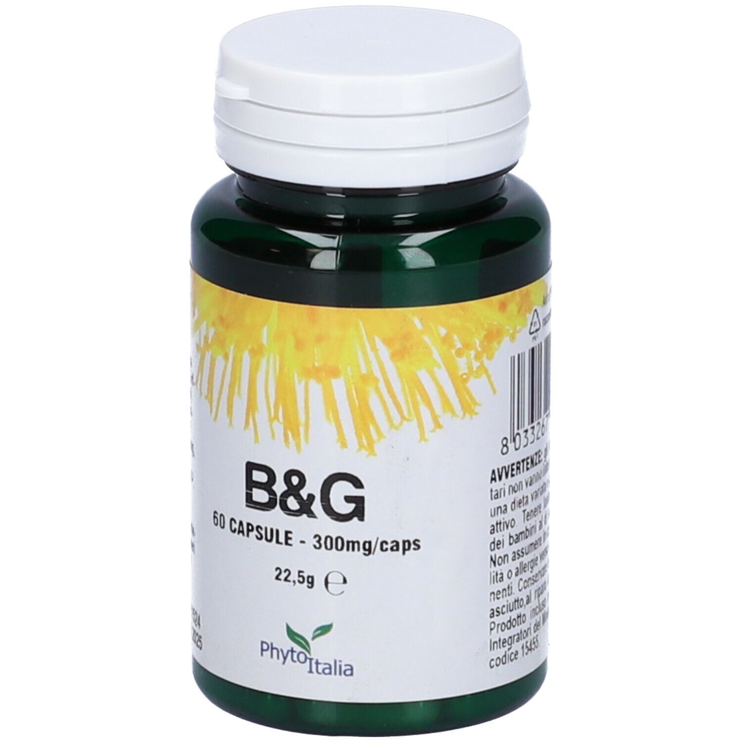 Flacone verde di capsule con coperchio bianco. Scritta B&G, 60 capsule. Etichetta con fiori gialli.