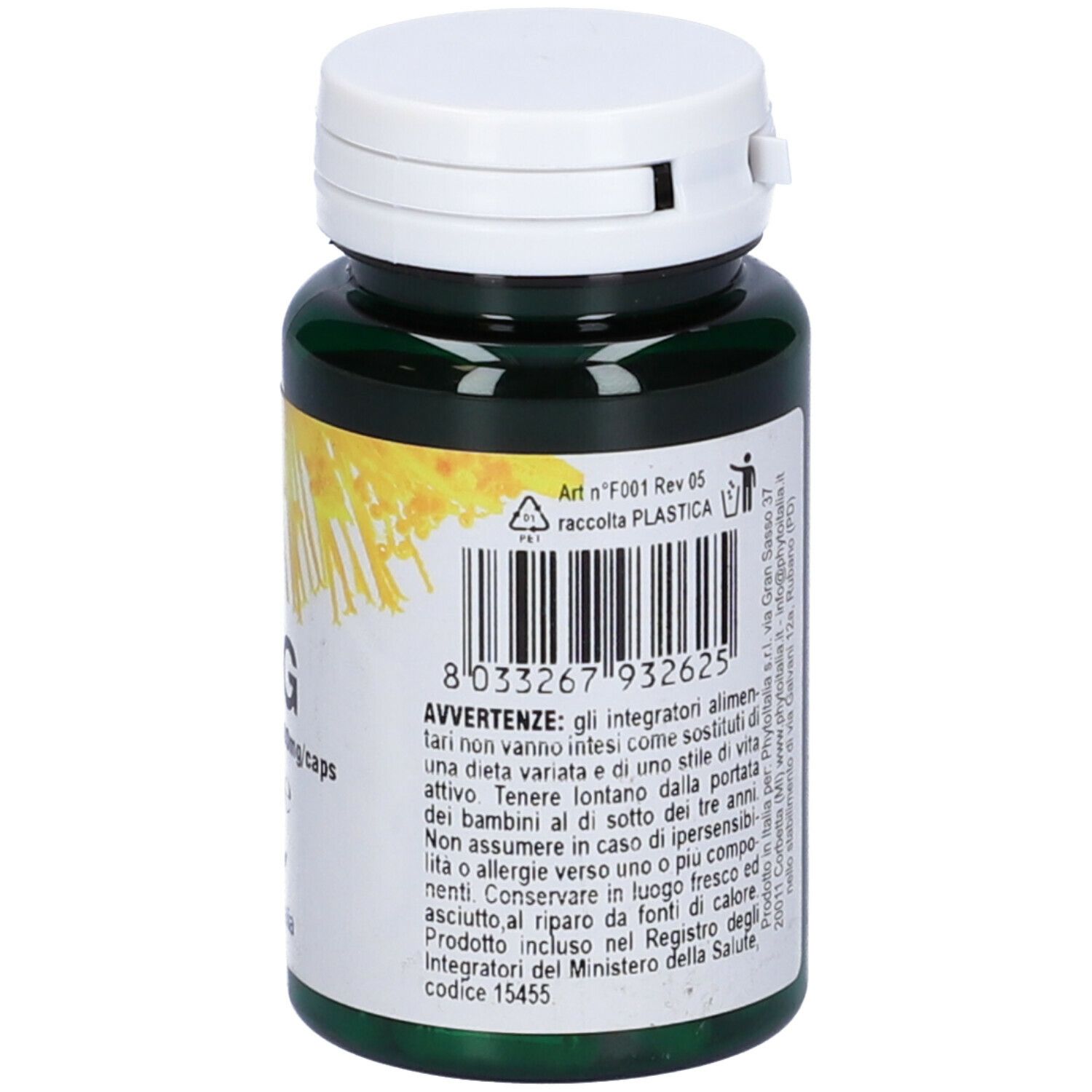 Flacone verde di capsule con coperchio bianco. Retro con codice a barre e avvertenze.