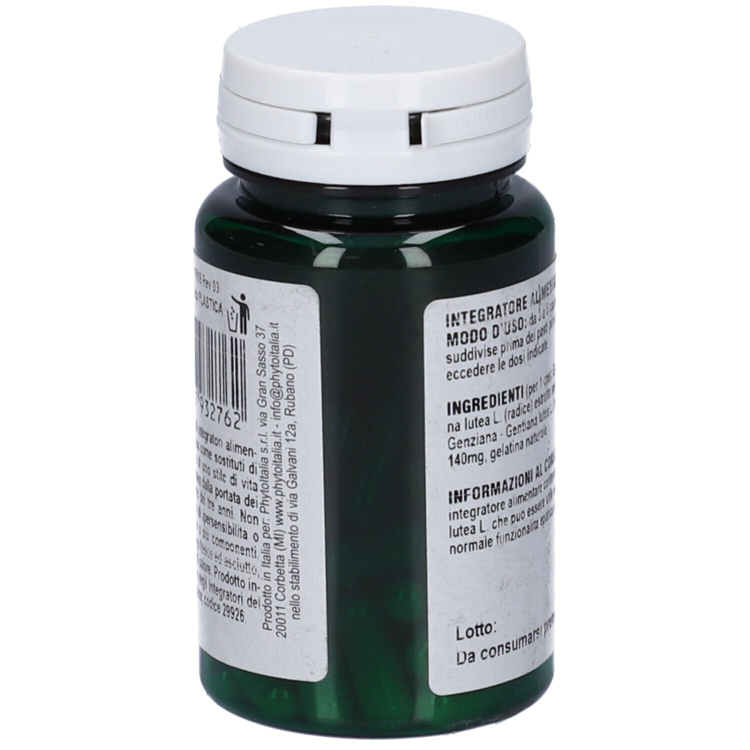 Flacone verde con tappo bianco. Codice a barre e testo in italiano. Indirizzo del produttore.