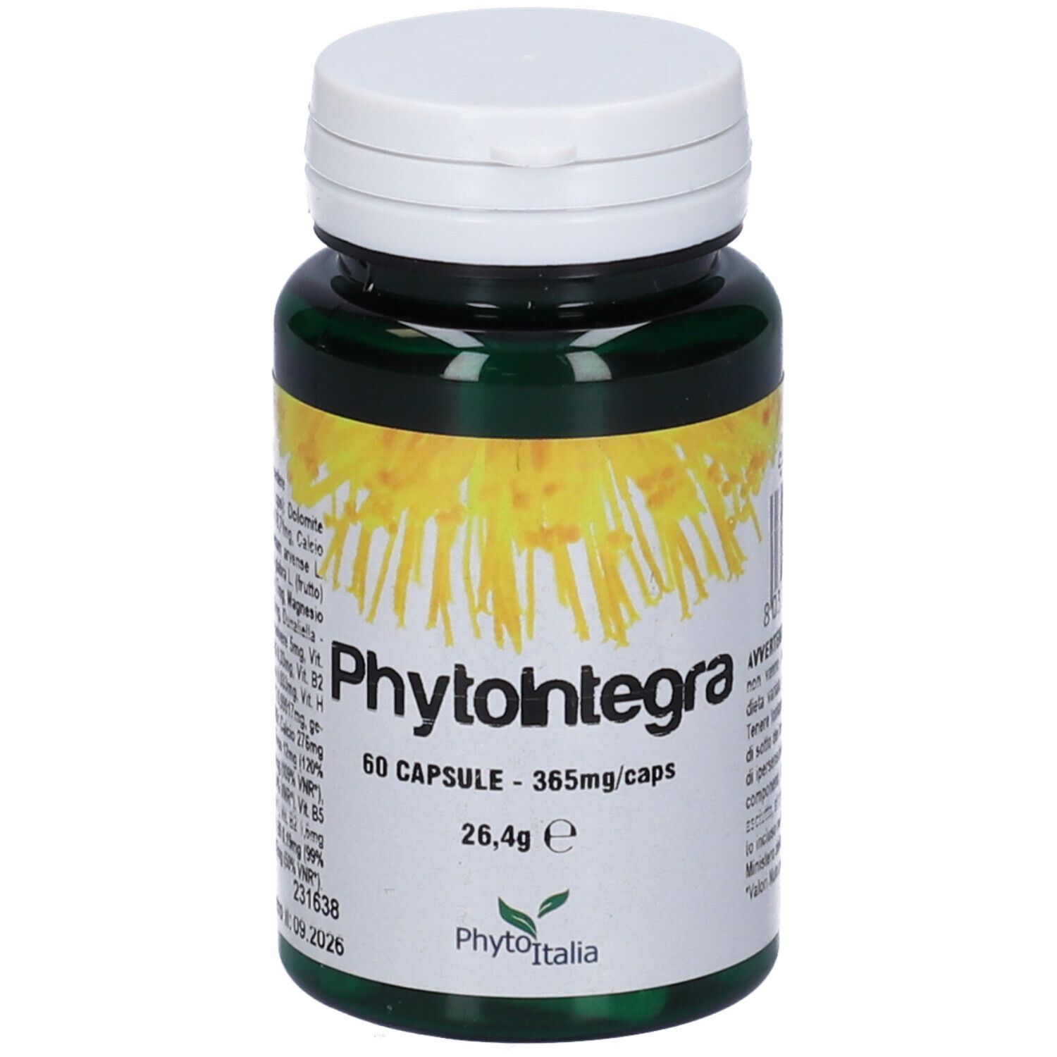 Flacone verde di capsule, tappo bianco. Scritta Phytointegra, 60 capsule, 26,4g. Logo.