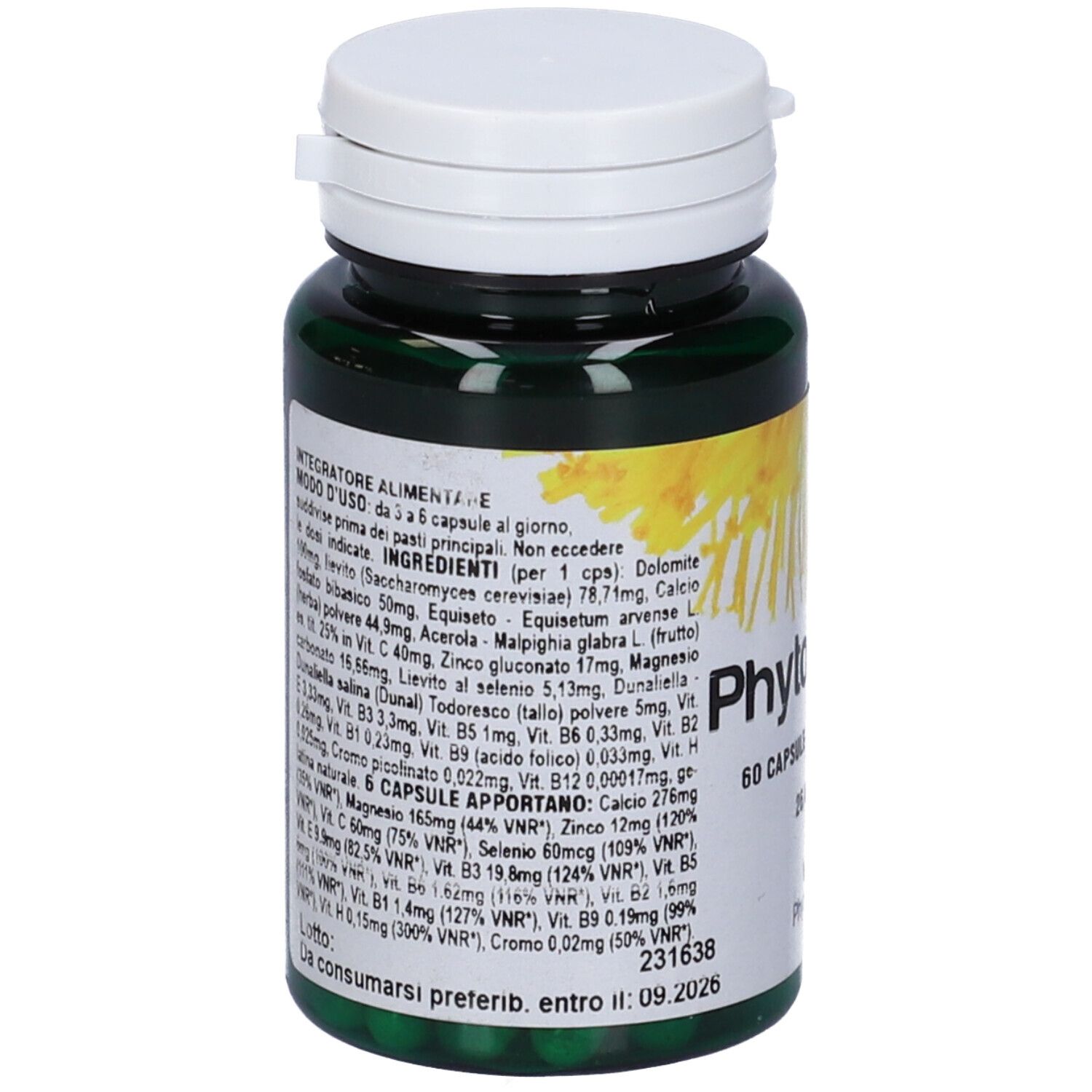 Flacone verde di capsule, tappo bianco. Retro con ingredienti e data di scadenza.