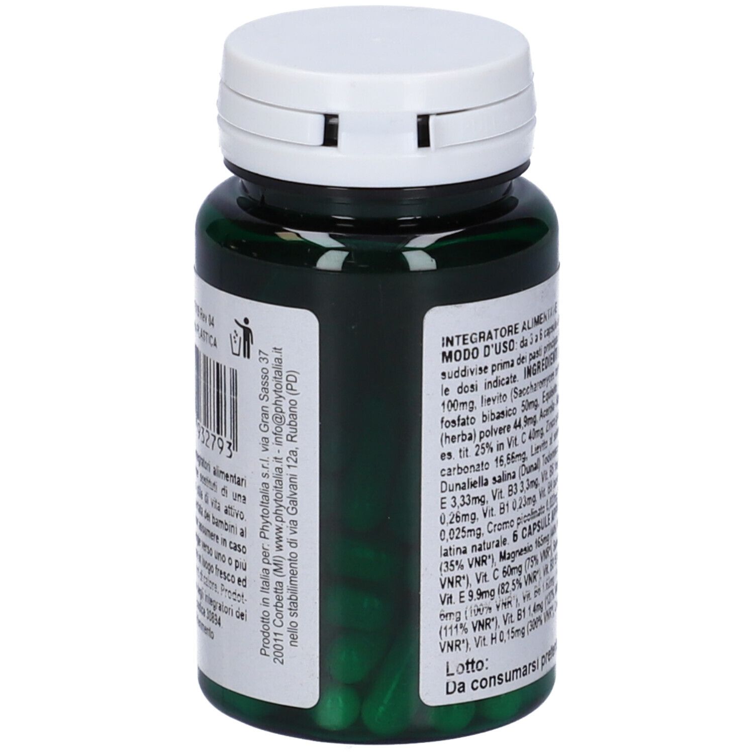 Flacone verde di capsule, tappo bianco. Retro con ingredienti e data di scadenza.