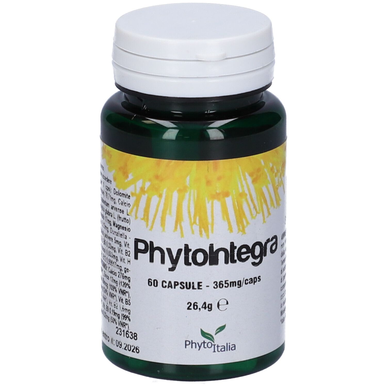 Flacone verde di capsule, tappo bianco. Scritta Phytointegra, 60 capsule, 26,4g. Logo.