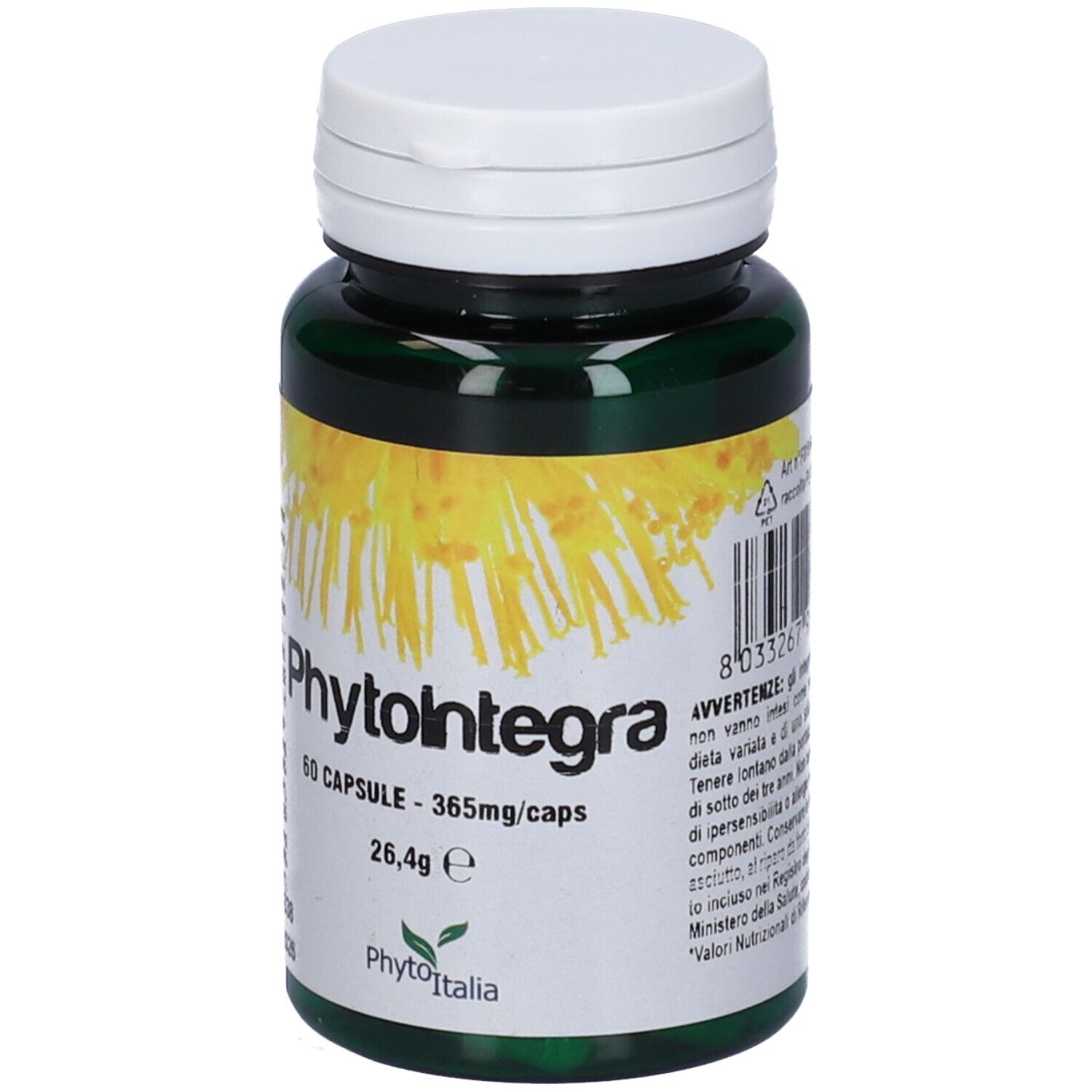 Flacone verde di capsule, tappo bianco. Scritta Phytointegra, 60 capsule, 26,4g. Logo.