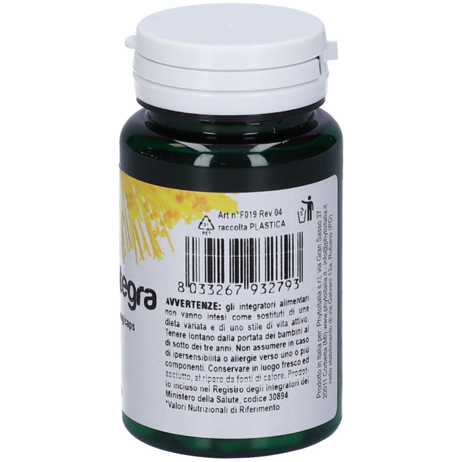 Flacone verde di capsule, tappo bianco. Retro con informazioni e codice a barre.