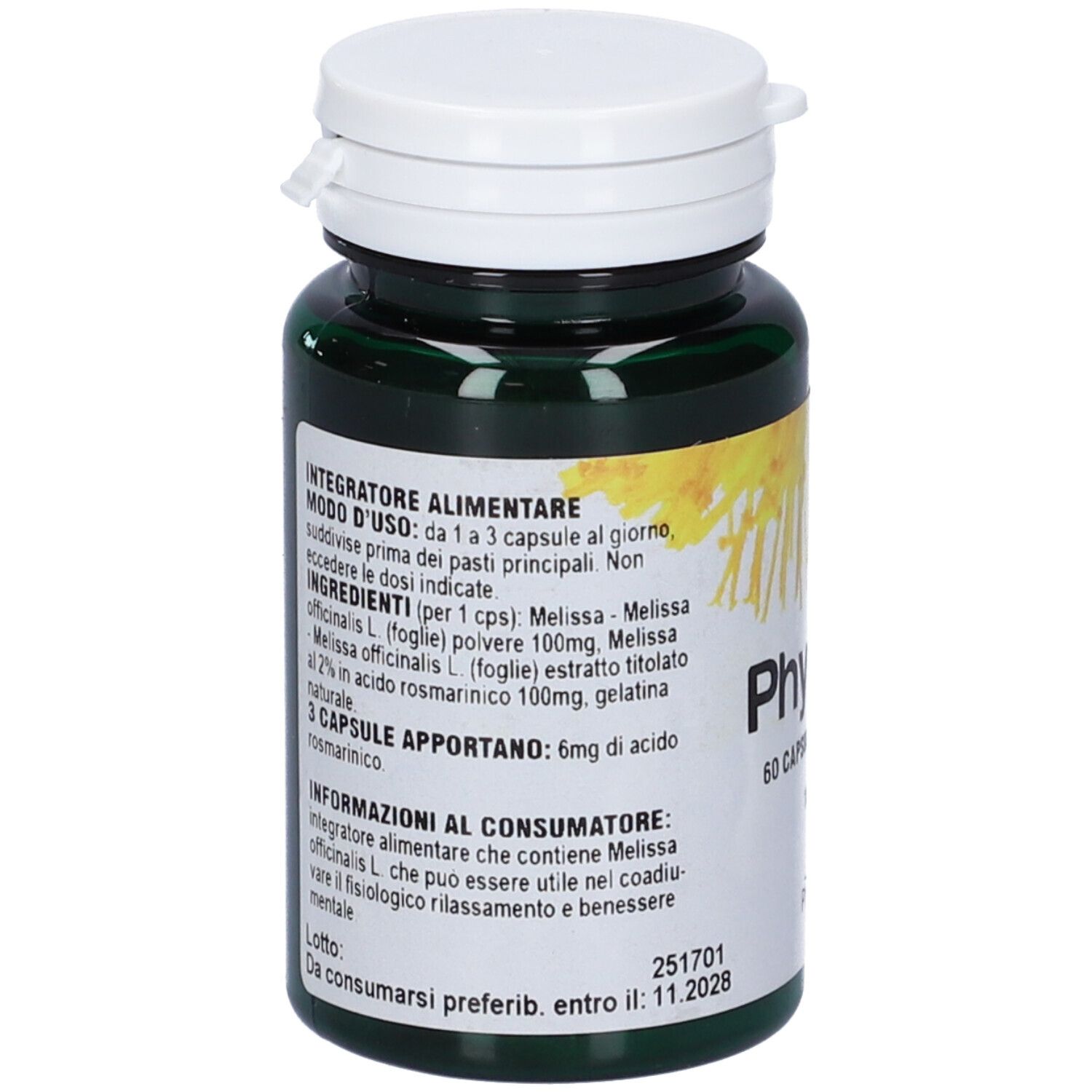 Flacone verde con tappo bianco. Testo in italiano. Scritta: PhytoNuit. Marchio: Phytoitalia.