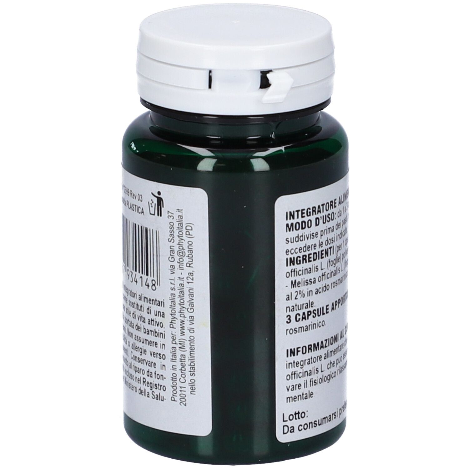 Flacone verde con tappo bianco. Testo in italiano. Codice a barre. Marchio: Phytoitalia.