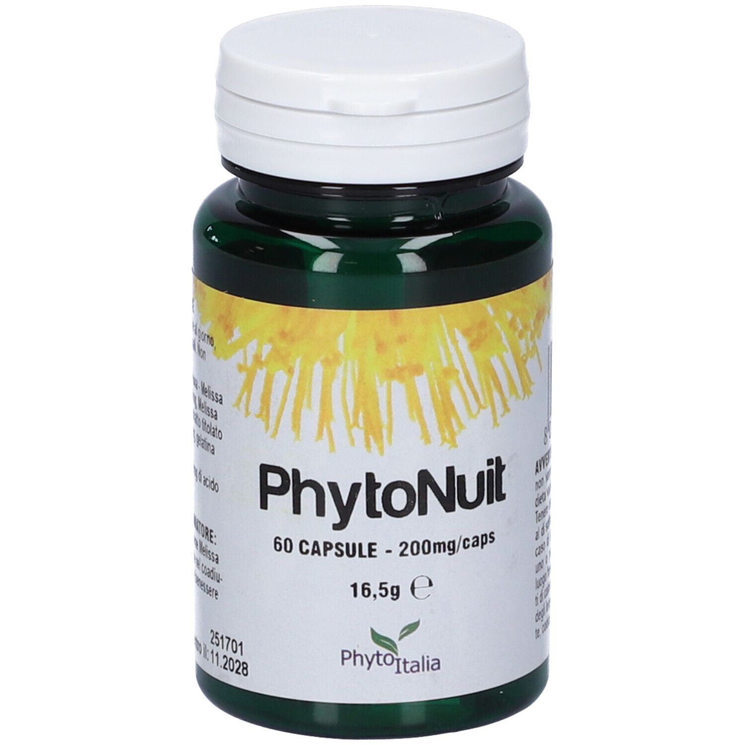 Flacone verde con tappo bianco. Scritta: PhytoNuit, 60 capsule, 200mg/caps. Marchio: Phytoitalia.