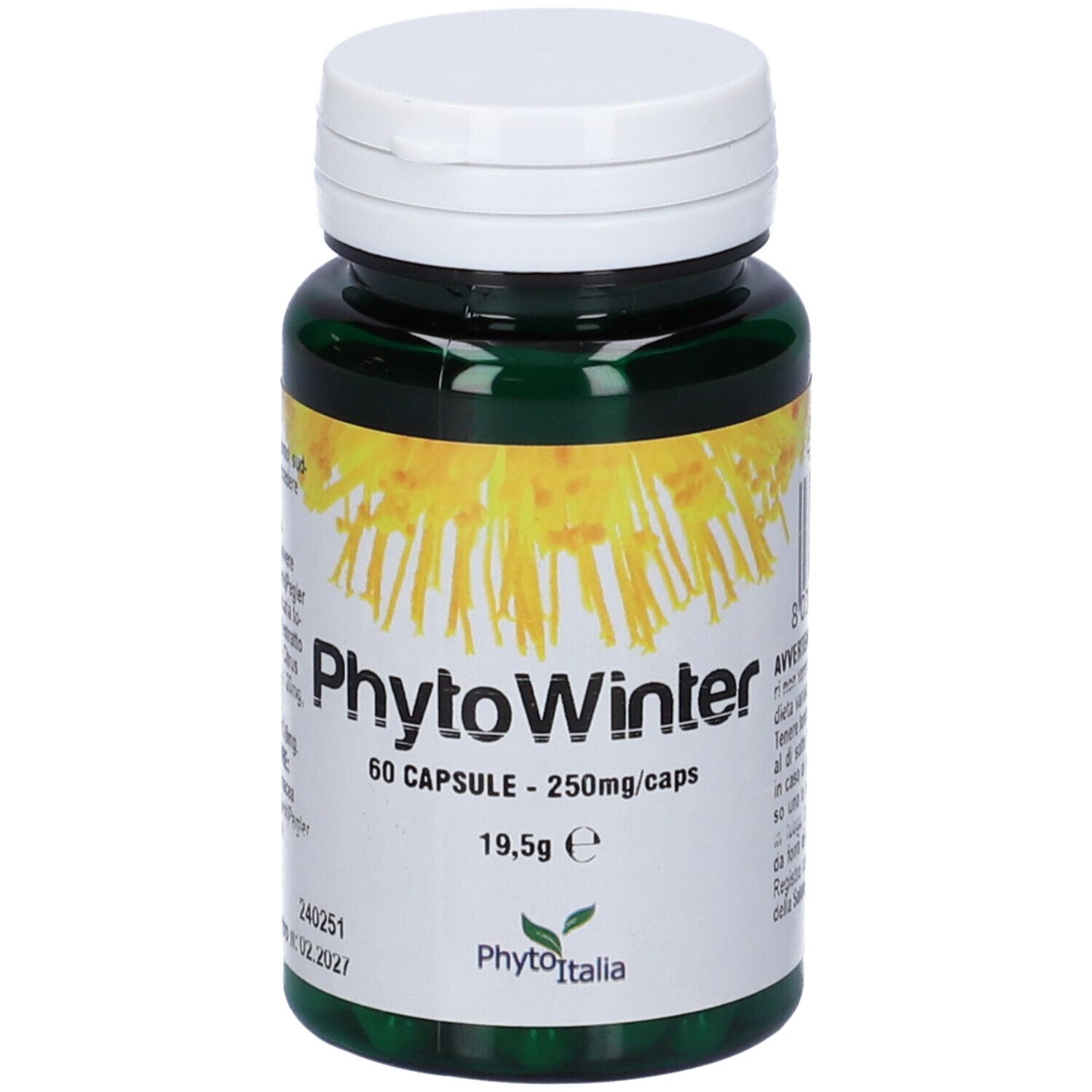 Bottiglia verde con tappo bianco. Scritta: Phytowinter, 60 capsule. Etichetta con fiori gialli e logo.