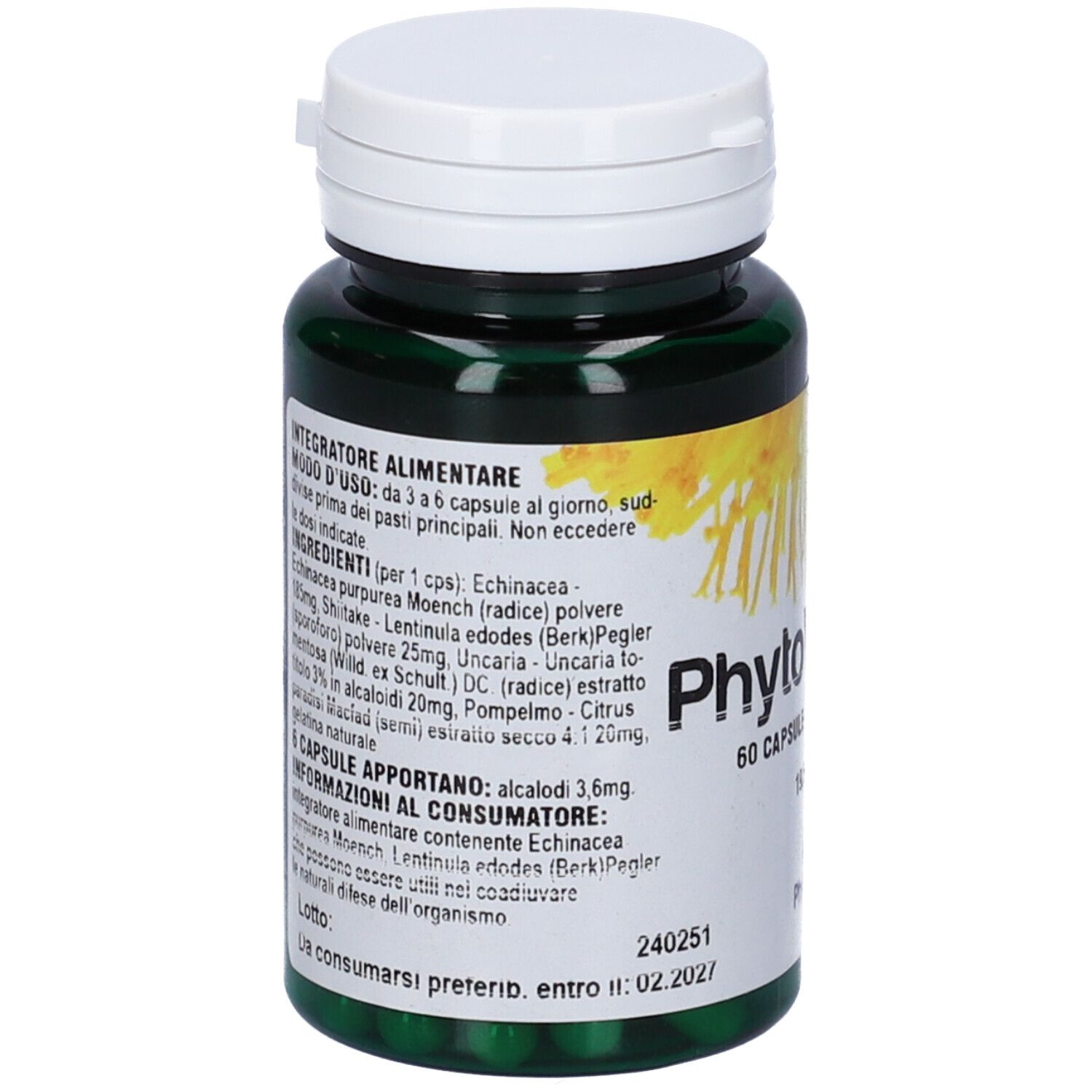 Bottiglia verde con tappo bianco. Retro con testo e ingredienti. Etichetta con fiori gialli.