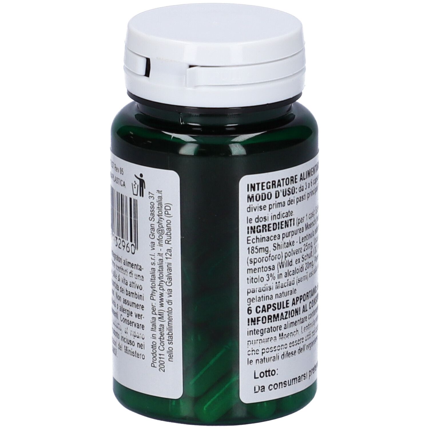 Bottiglia verde con tappo bianco. Retro con testo e codice a barre. Etichetta con fiori gialli.