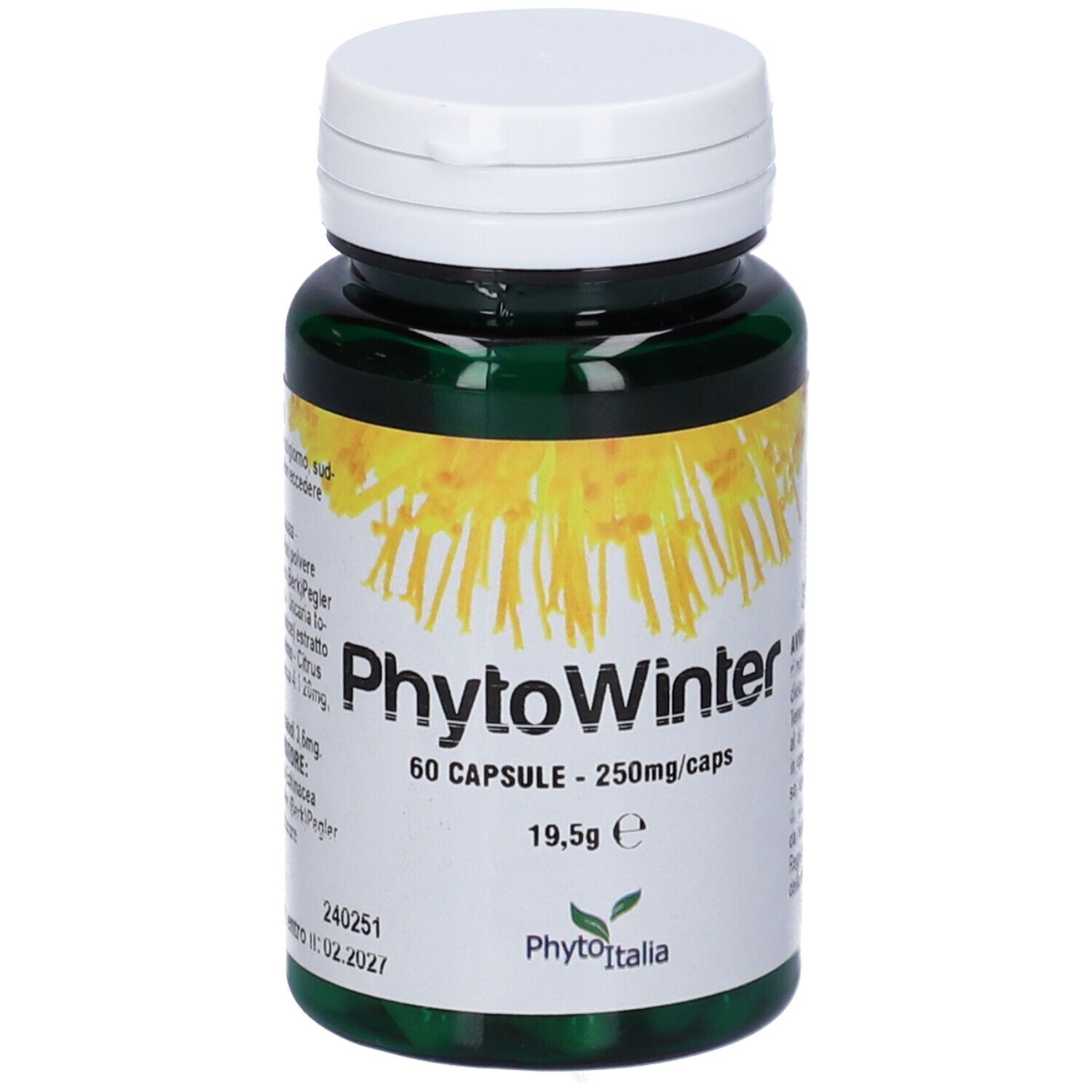 Bottiglia verde con tappo bianco. Scritta: Phytowinter, 60 capsule. Etichetta con fiori gialli e logo.