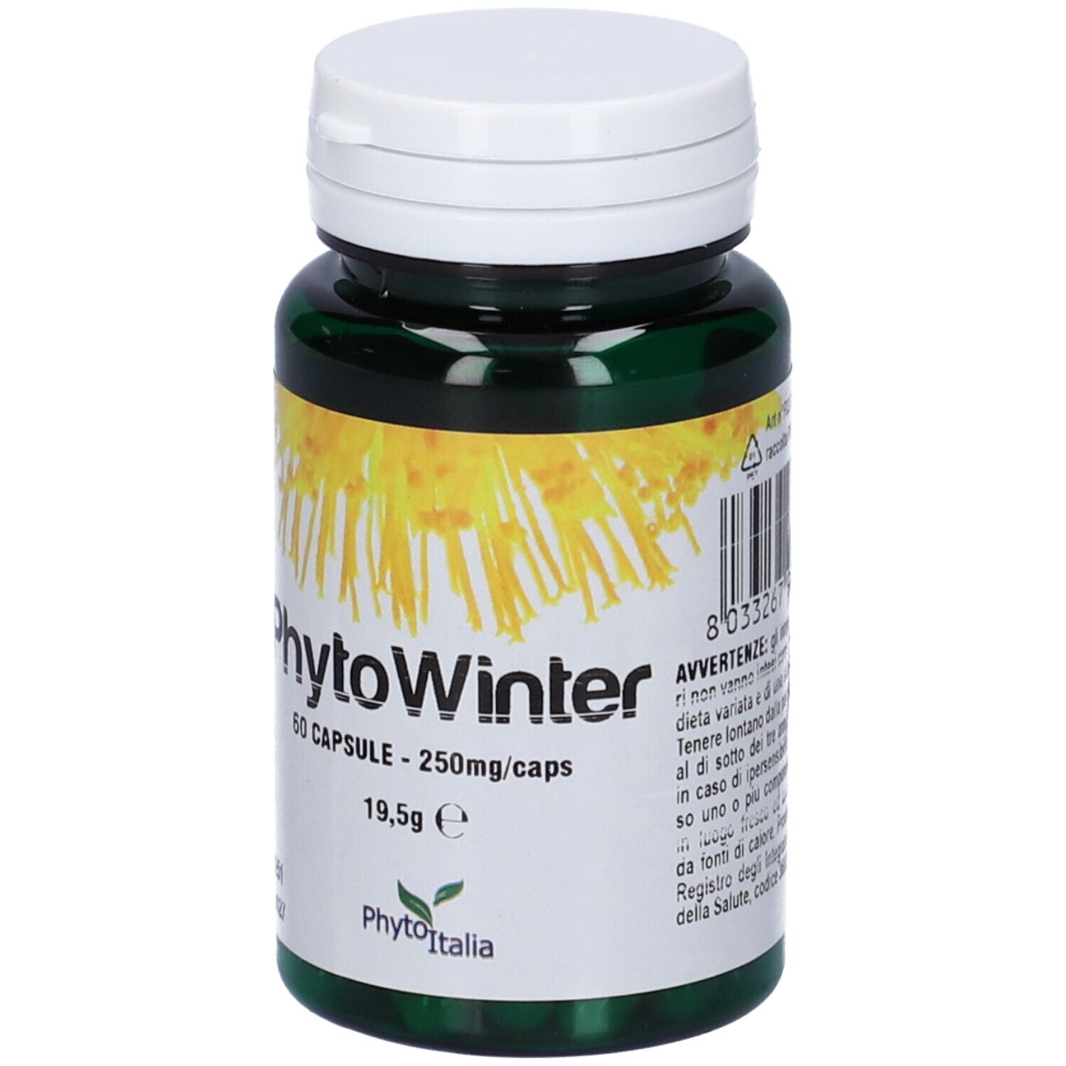 Bottiglia verde con tappo bianco. Scritta: Phytowinter, 60 capsule. Etichetta con fiori gialli e logo.