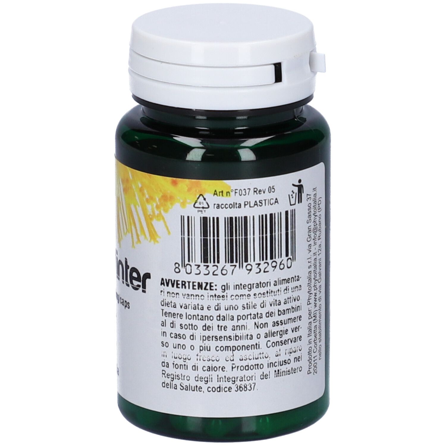 Bottiglia verde con tappo bianco. Retro con testo e codice a barre. Etichetta con fiori gialli.