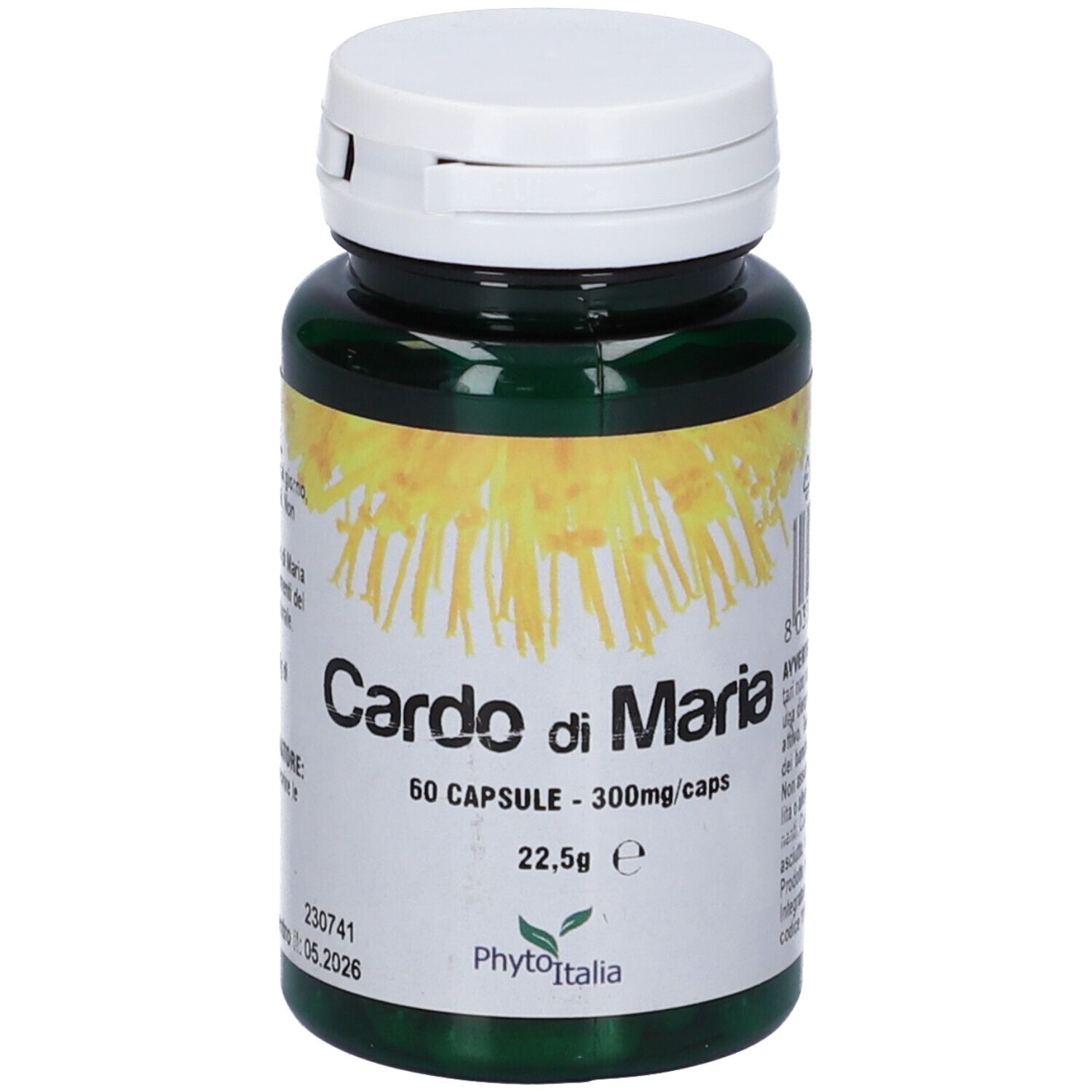 Flacone verde con tappo bianco. Scritta: Cardo di Maria, 60 capsule. Marchio: PhytoItalia.