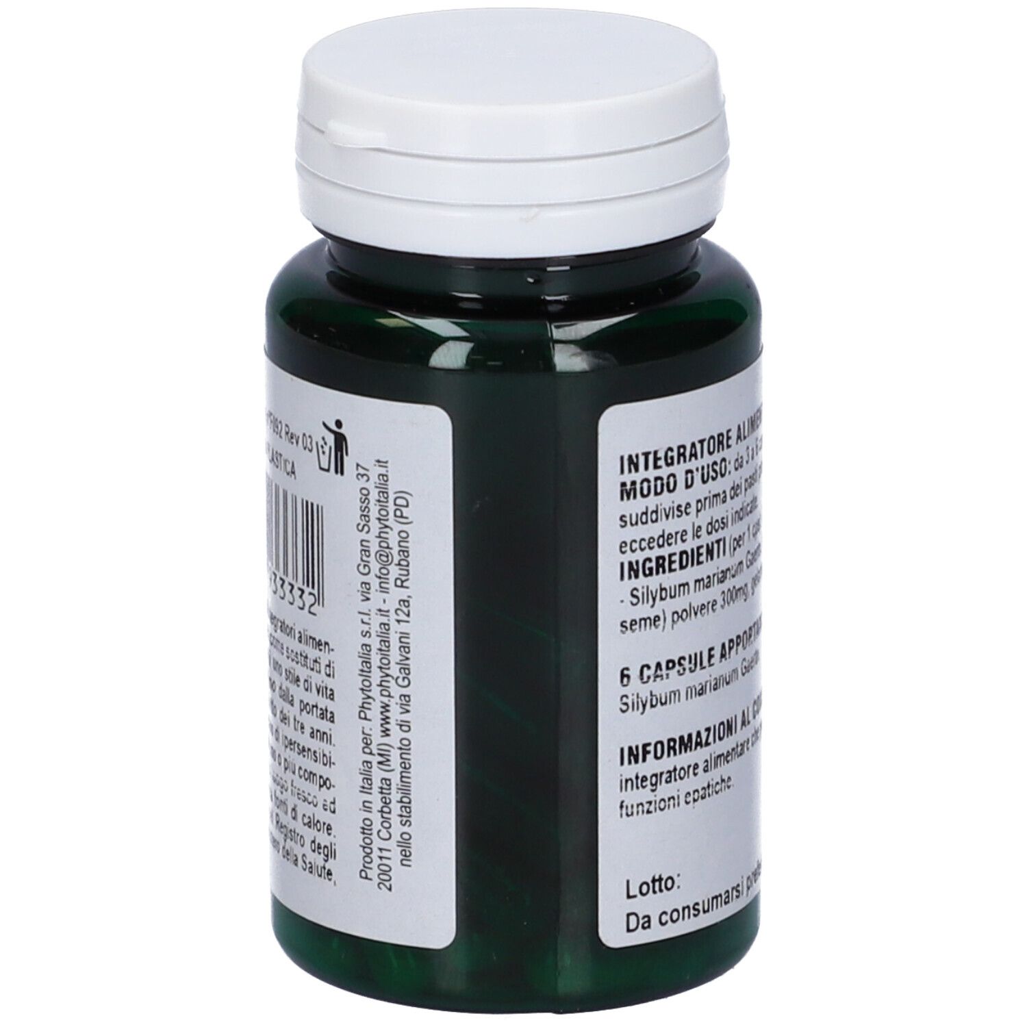 Flacone verde con tappo bianco. Etichetta con testo. Marchio: PhytoItalia. Codice a barre.