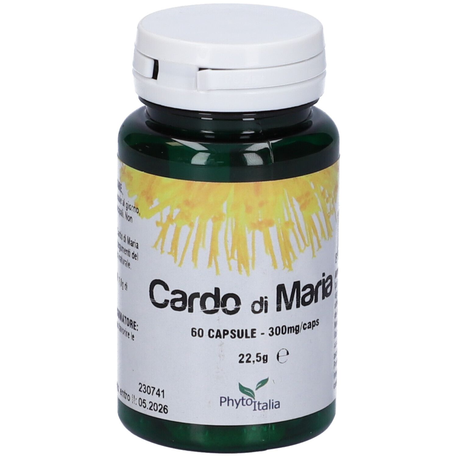 Flacone verde con tappo bianco. Scritta: Cardo di Maria, 60 capsule. Marchio: PhytoItalia.