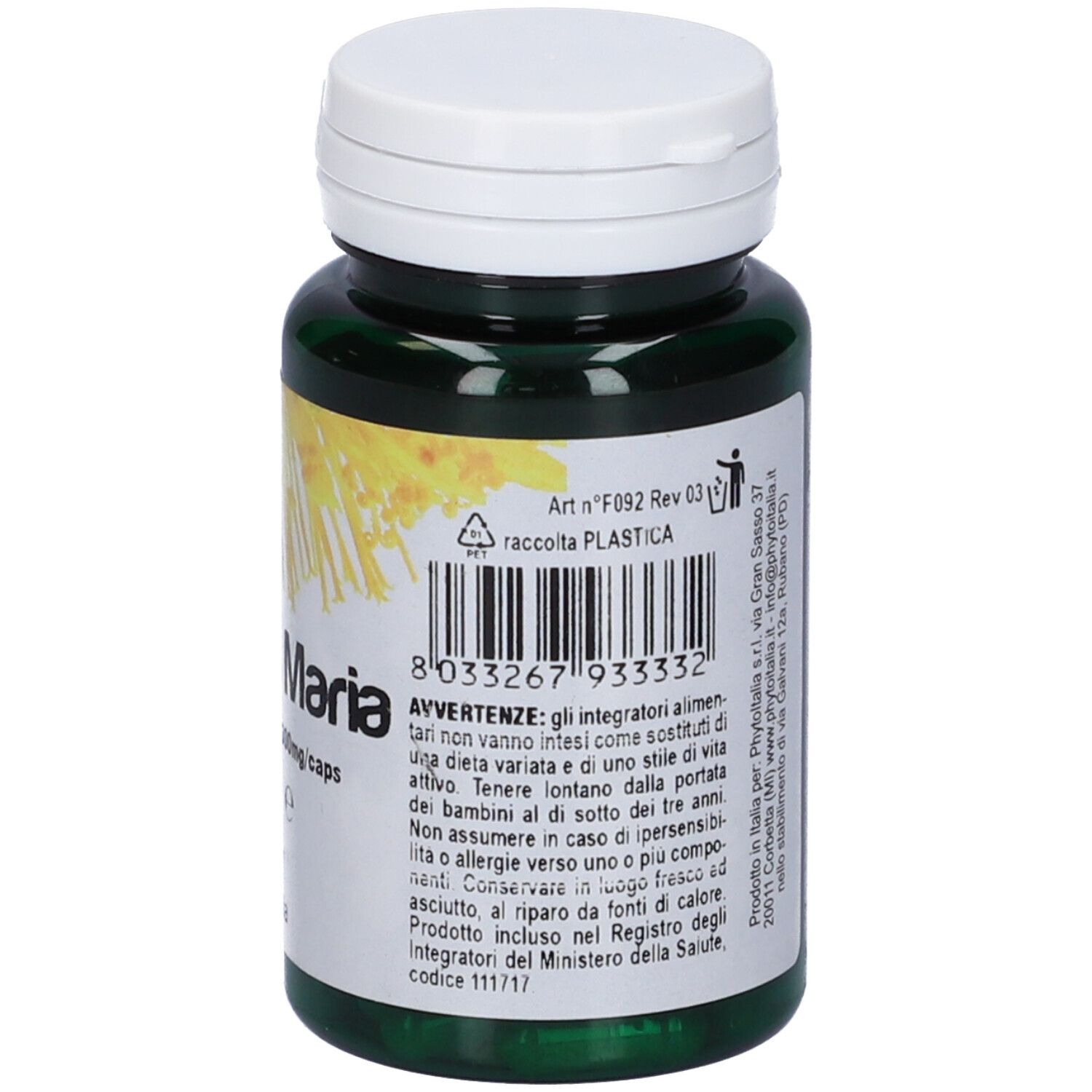 Flacone verde con tappo bianco. Etichetta con testo. Marchio: PhytoItalia. Codice a barre.