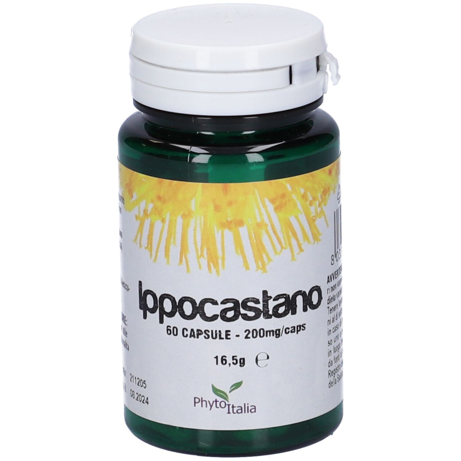 Flacone verde, tappo bianco. Scritta: Ippocastano, 60 capsule, 200mg/caps. Marchio: PhytoItalia.