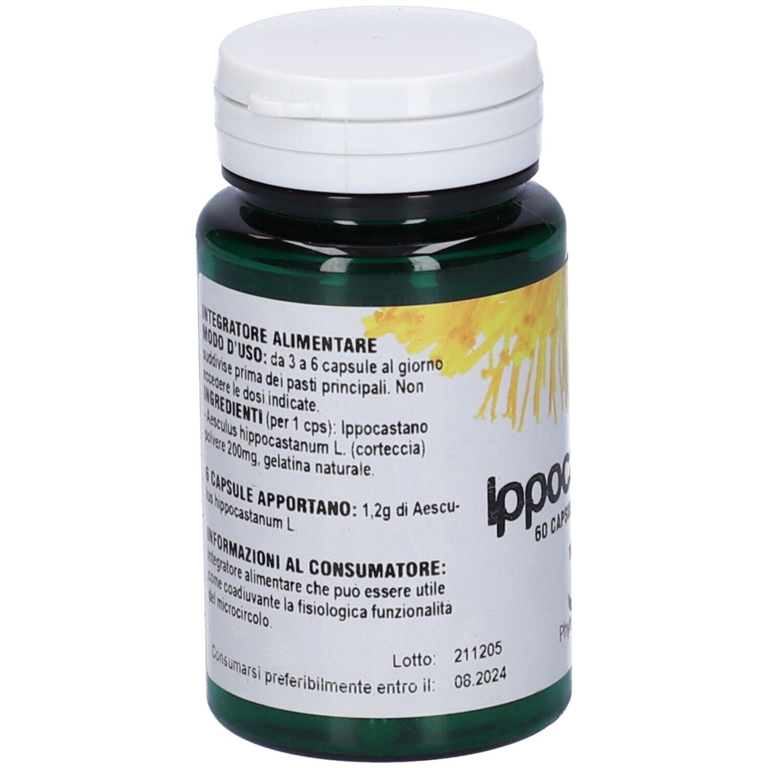 Flacone verde, tappo bianco. Scritta: Ippocastano, 60 capsule. Lista ingredienti e istruzioni.