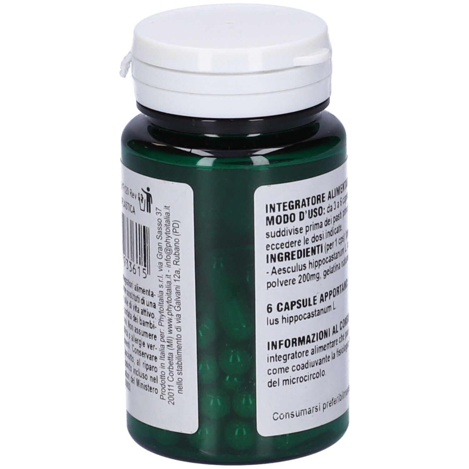 Flacone verde, tappo bianco. Capsule verdi visibili. Scritta: Ippocastano, 60 capsule.
