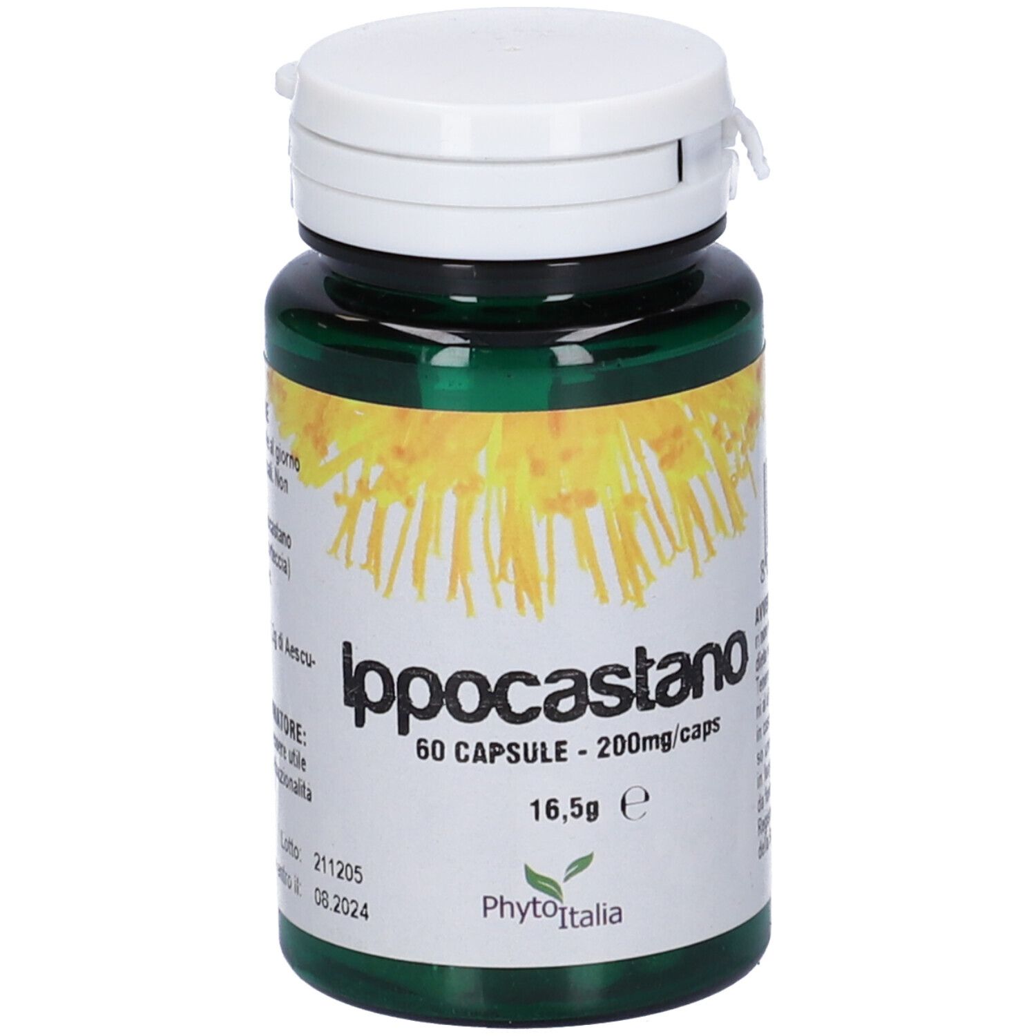 Flacone verde, tappo bianco. Scritta: Ippocastano, 60 capsule, 200mg/caps. Marchio: PhytoItalia.