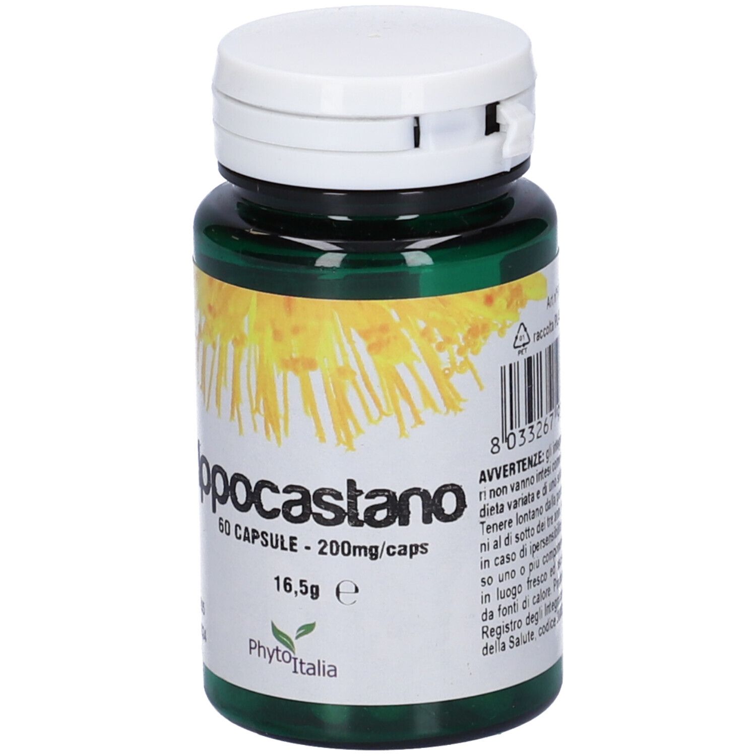 Flacone verde, tappo bianco. Scritta: Ippocastano, 60 capsule, 200mg/caps. Marchio: PhytoItalia.