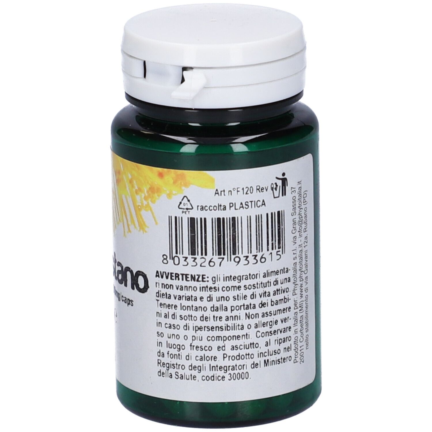 Flacone verde, tappo bianco. Scritta: Ippocastano, 60 capsule. Avvertenze e informazioni produttore.