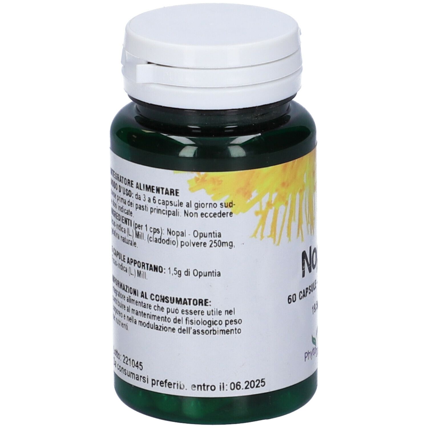 Flacone verde, tappo bianco. Retro con testo, ingredienti e scadenza 06.2025.