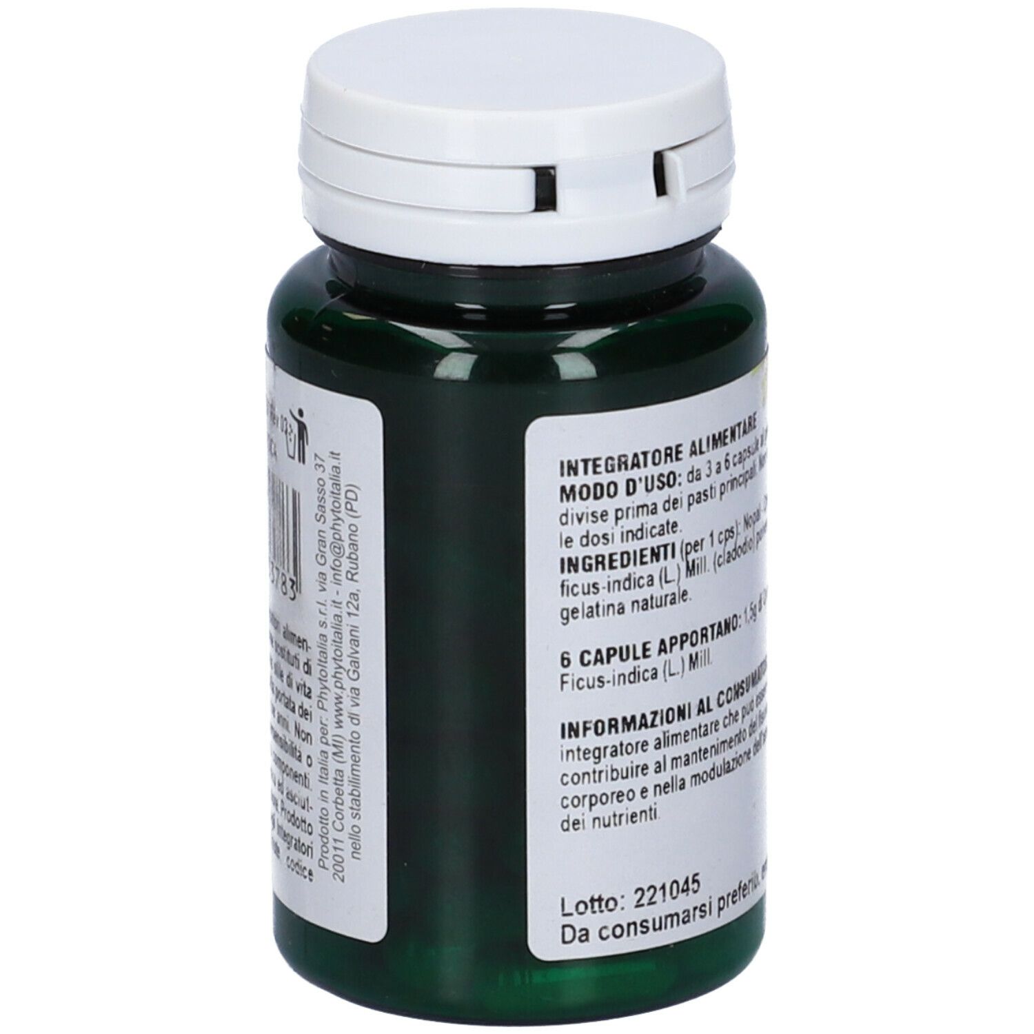 Flacone verde, tappo bianco. Retro con testo, ingredienti e scadenza 06.2025.