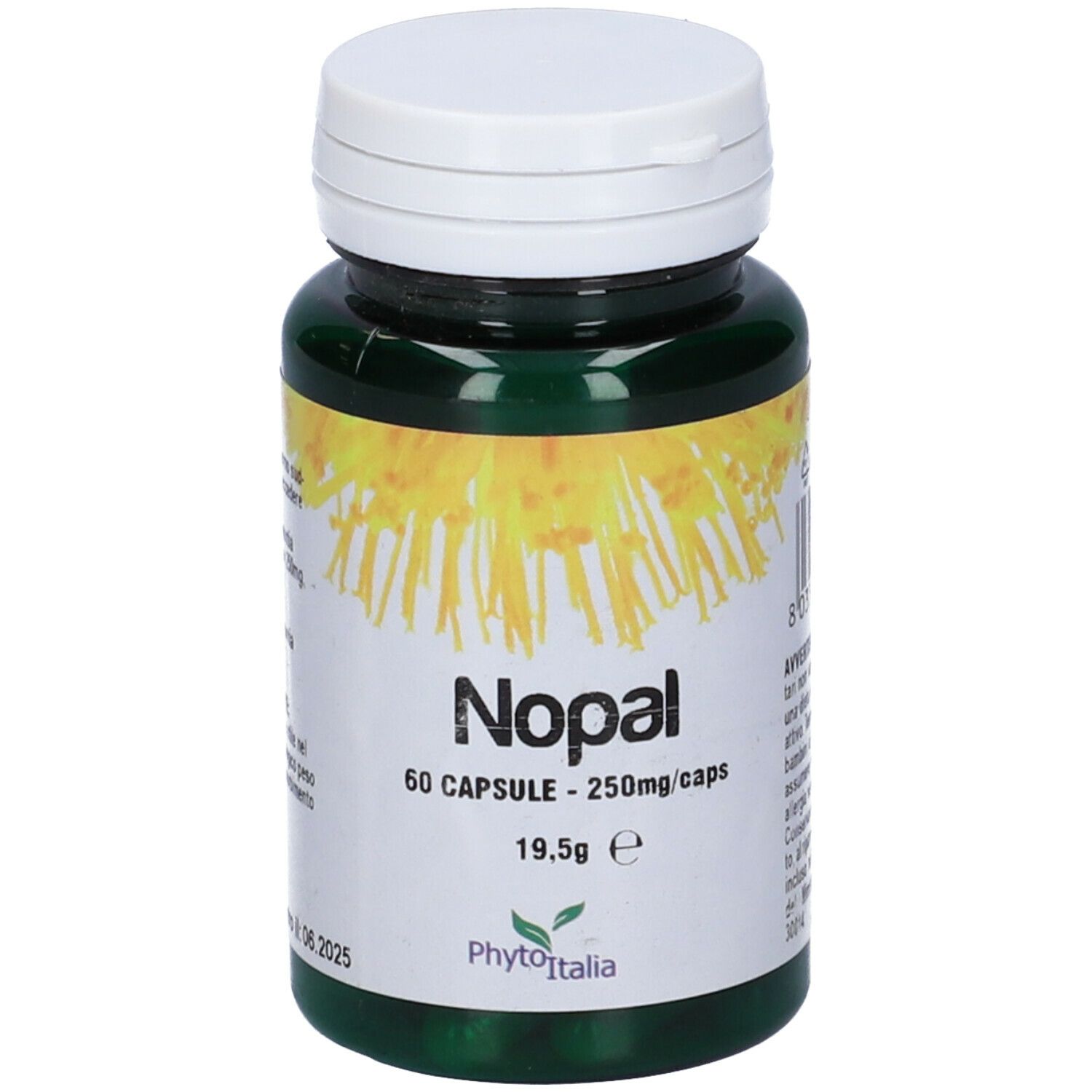 Flacone verde, tappo bianco. Scritta Nopal, 60 capsule, 250mg/caps. Marchio Phytoitalia.