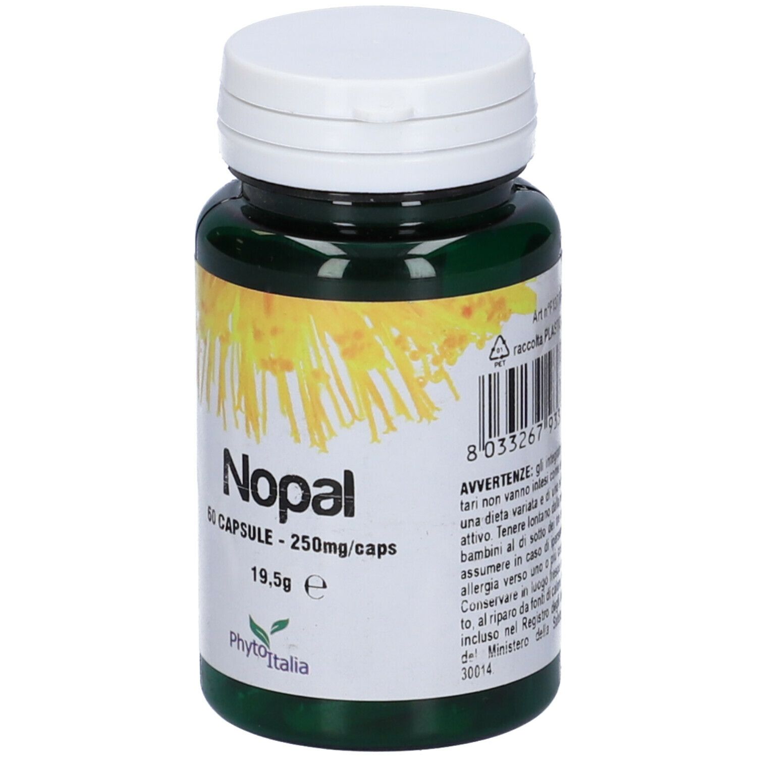 Flacone verde, tappo bianco. Scritta Nopal, 60 capsule, 250mg/caps. Marchio Phytoitalia.