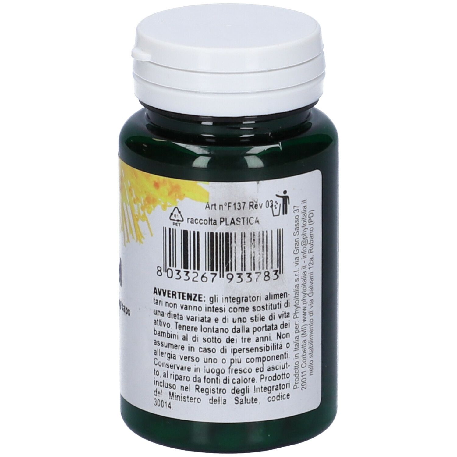 Flacone verde, tappo bianco. Retro con testo e codice a barre.