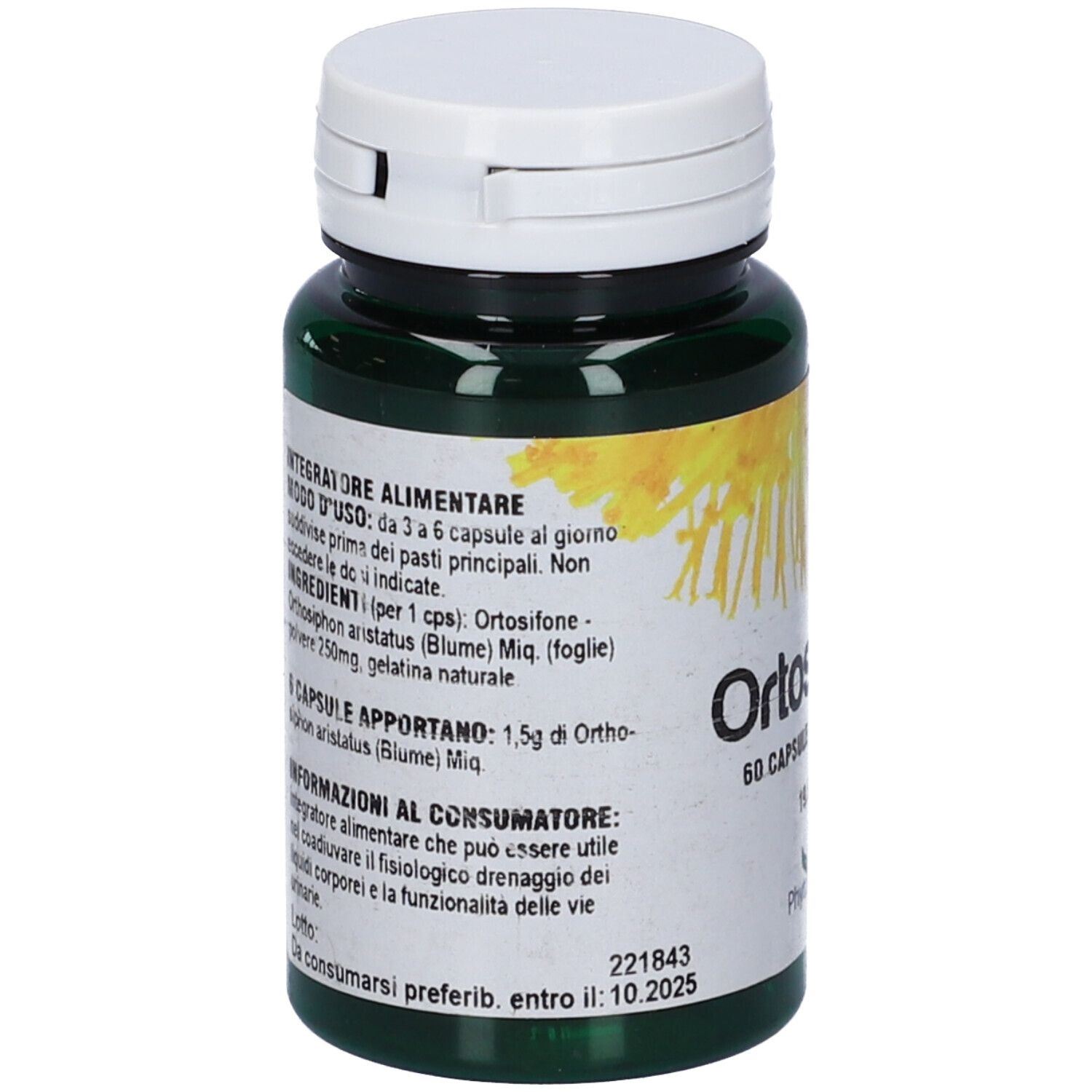 Flacone verde con tappo bianco. Testo sull'etichetta. Scritta: Ortosifone, 60 capsule. Ingredienti.