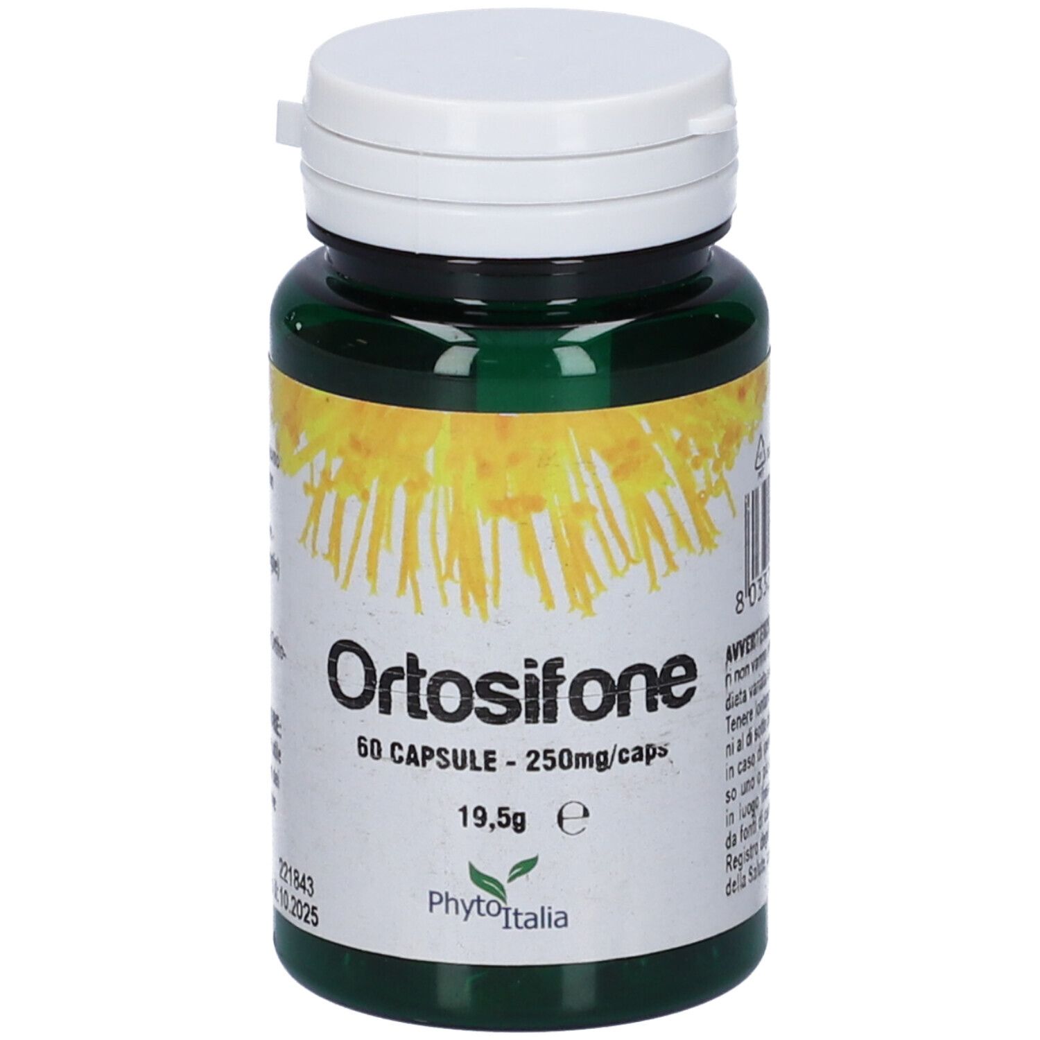 Flacone verde con tappo bianco. Scritta: Ortosifone, 60 capsule, 250mg/caps. Marchio: Phyto Italia.