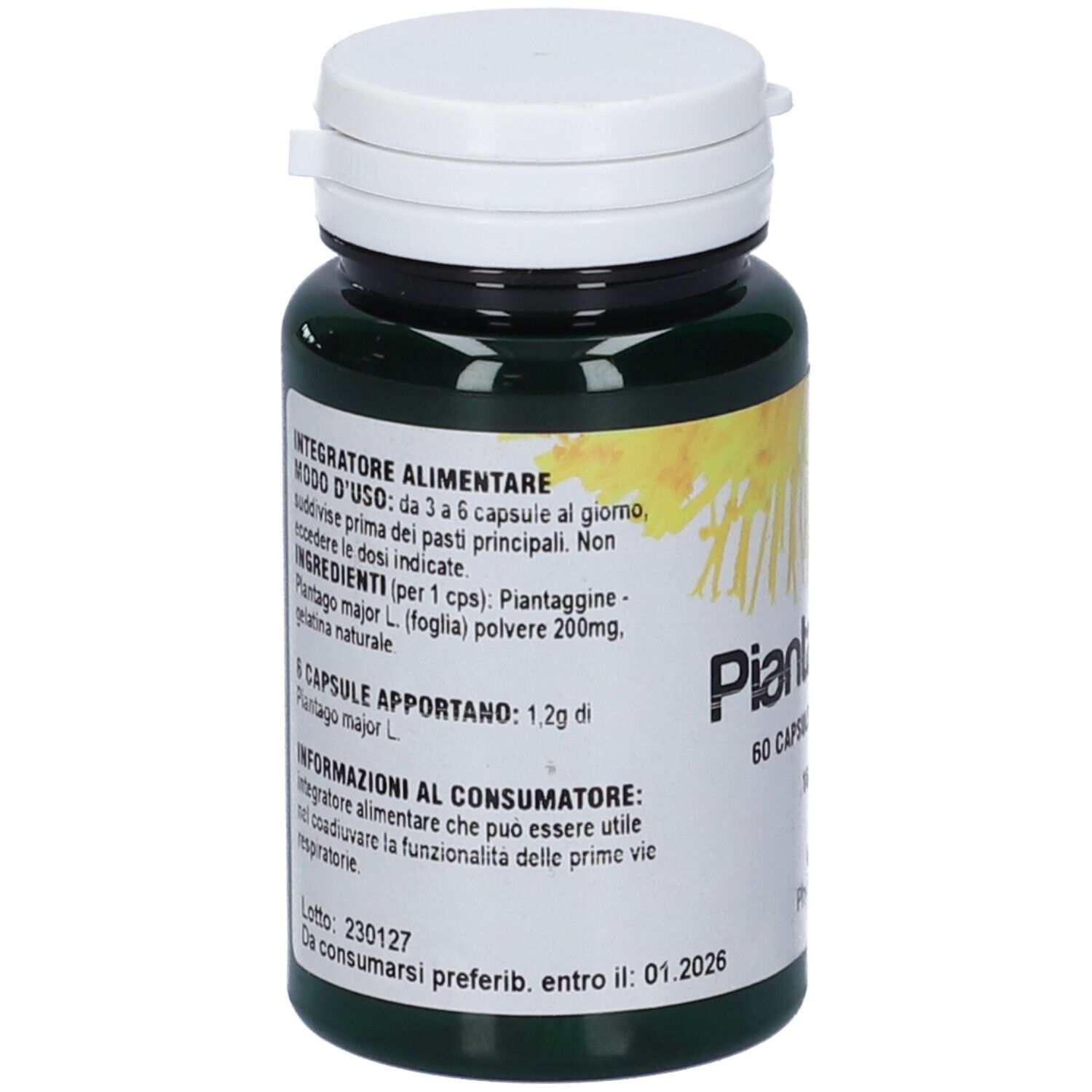 Flacone verde con tappo bianco. Scritta: Piantaggine, 60 capsule. Testo con ingredienti e dosaggio.