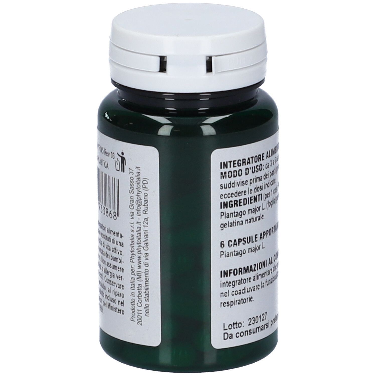 Flacone verde con tappo bianco. Testo con ingredienti e dosaggio. Scritta: Piantaggine, 60 capsule.