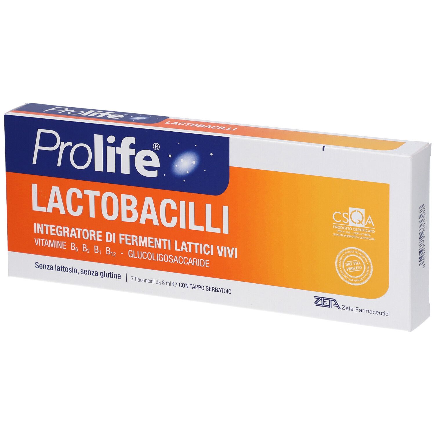 Confezione Prolife Lactobacilli. Contiene 7 flaconcini con fermenti lattici vivi. Design arancione e bianco con logo e certificazione.
