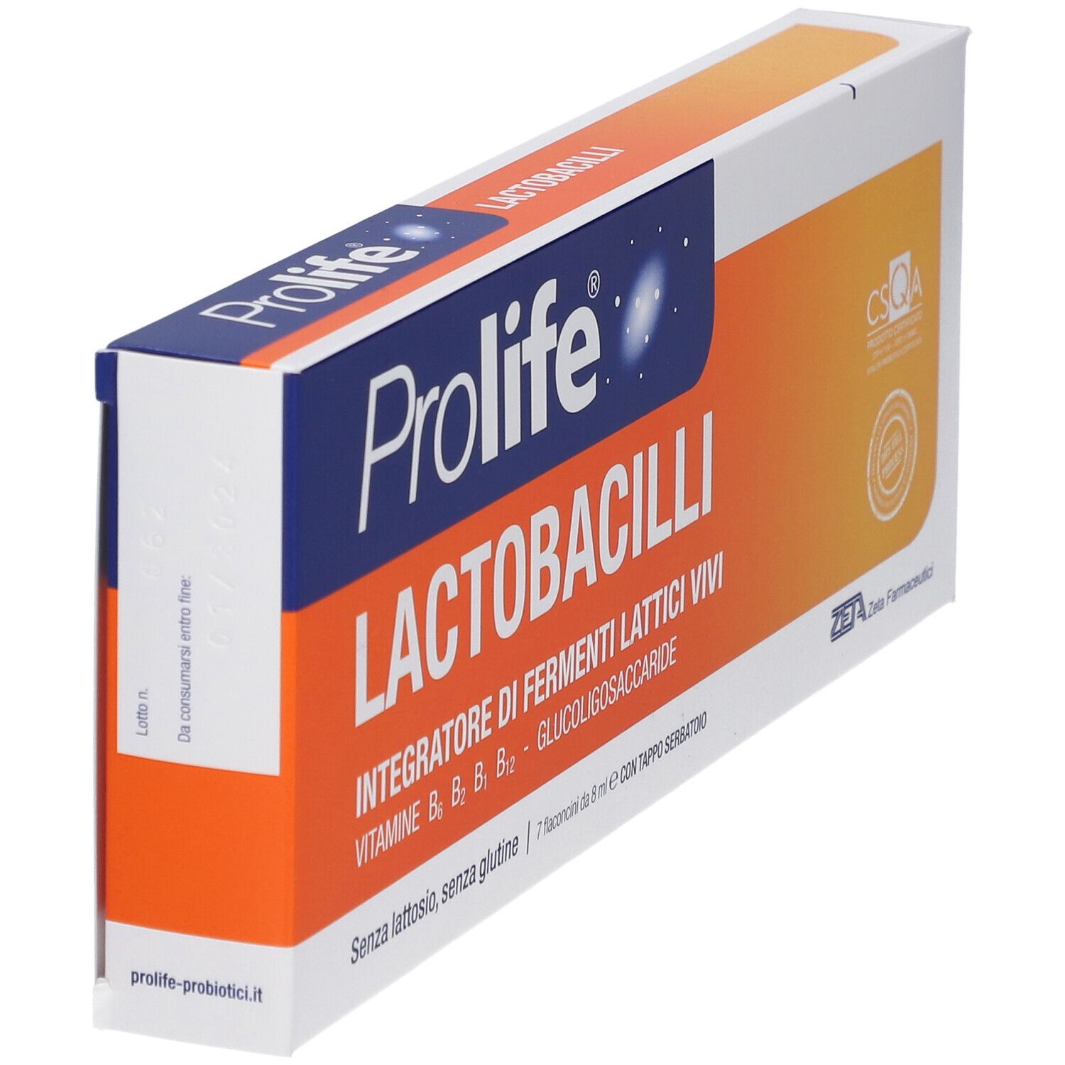 Confezione Prolife Lactobacilli. Contiene 7 flaconcini con fermenti lattici vivi. Design arancione e bianco con logo e certificazione.