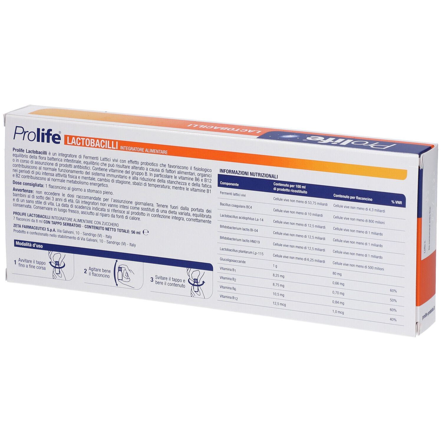 Confezione Prolife Lactobacilli. Contiene 7 flaconcini con fermenti lattici vivi. Design arancione e bianco con logo e certificazione.