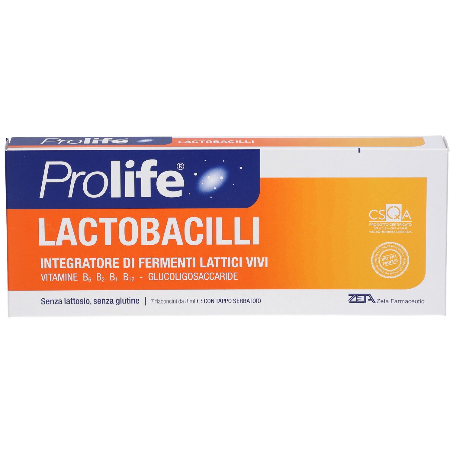 Retro della confezione Prolife Lactobacilli. Contiene informazioni su ingredienti e utilizzo. Design arancione e bianco con logo.