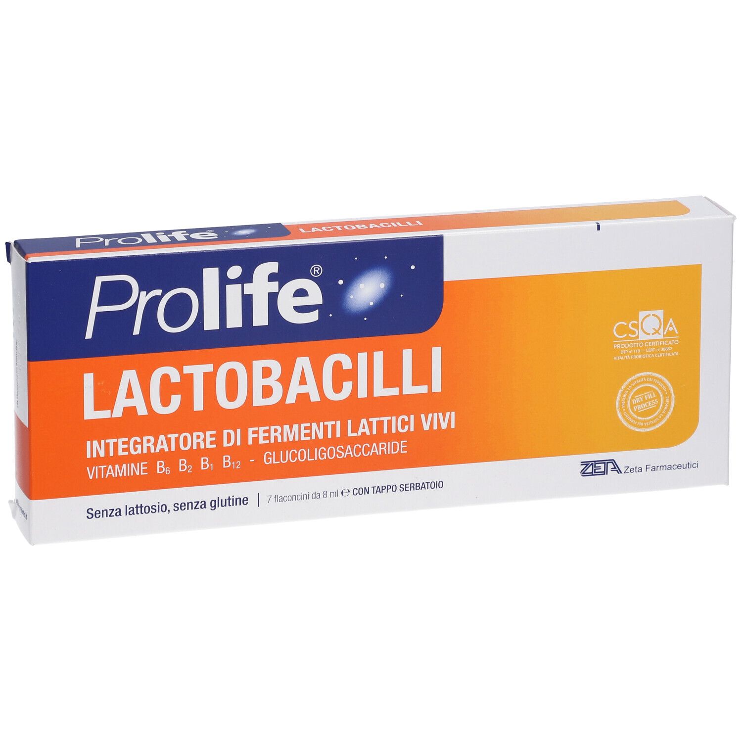 Confezione Prolife Lactobacilli. Contiene 7 flaconcini con fermenti lattici vivi. Design arancione e bianco con logo e certificazione.