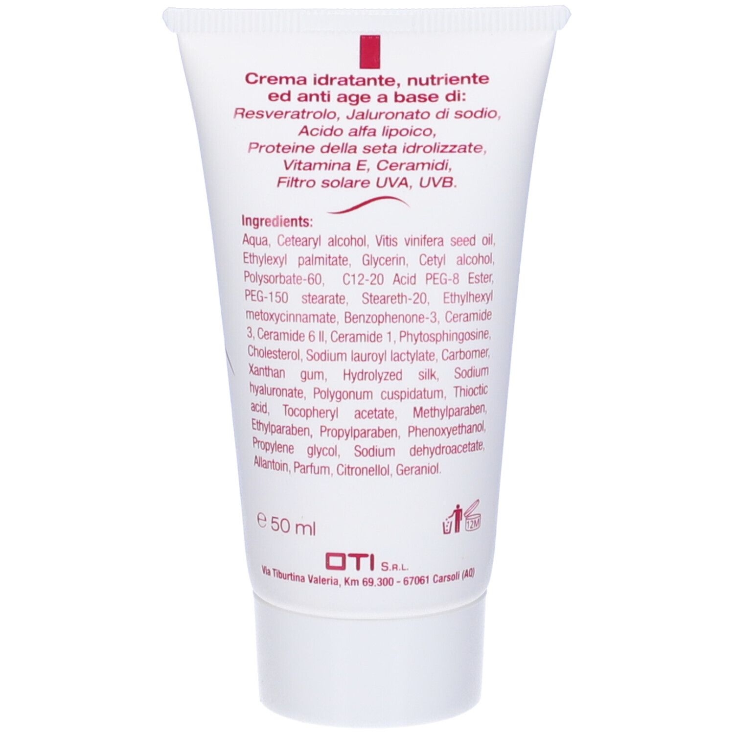 Retro del tubo. Ingredienti e testo in italiano. In alto: Crema idratante, nutriente ed anti age.