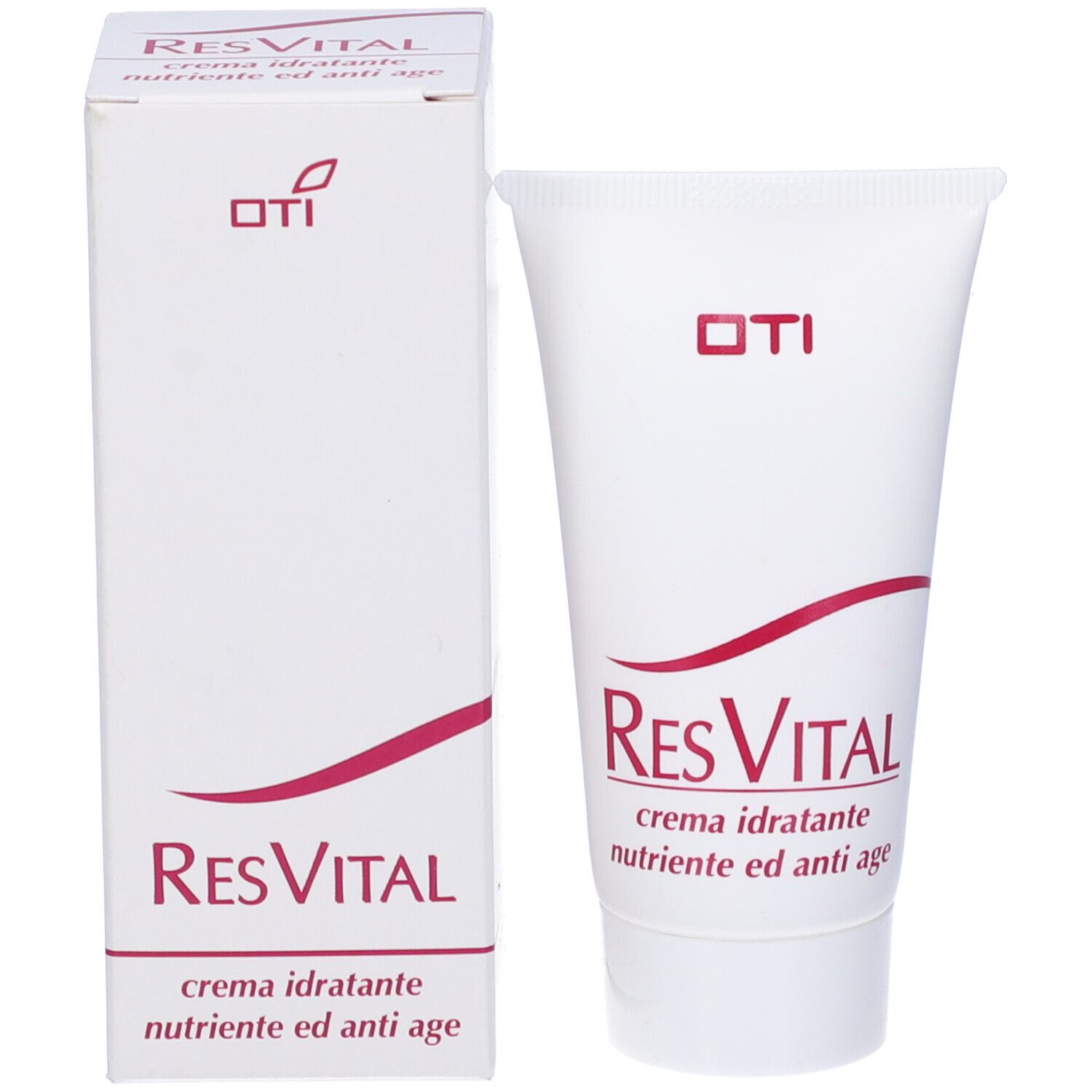 Prodotto e confezione. Confezione bianca con scritte rosse. OTI e ResVital, crema idratante, nutriente ed anti age.