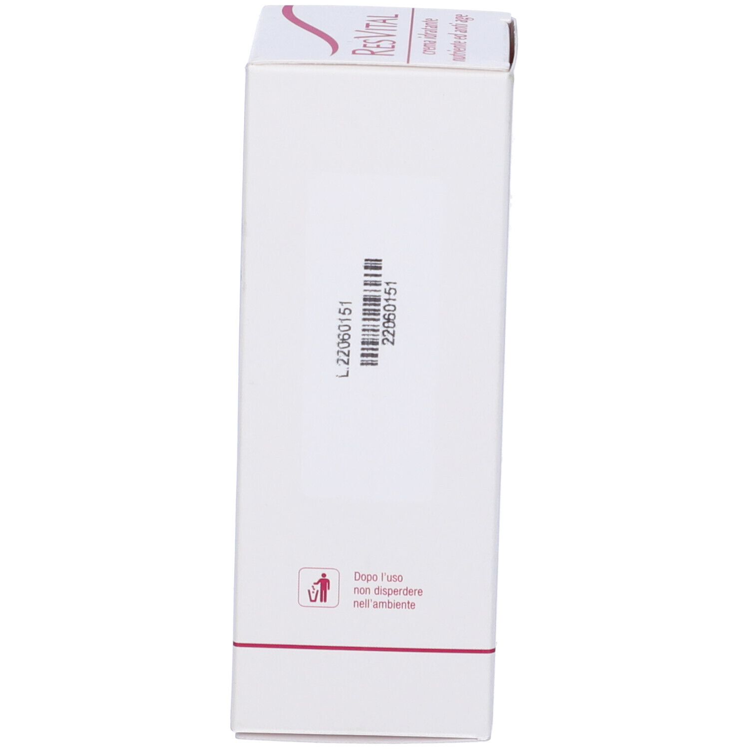 Retro della confezione. Codice a barre e testo in italiano. Istruzioni per lo smaltimento.