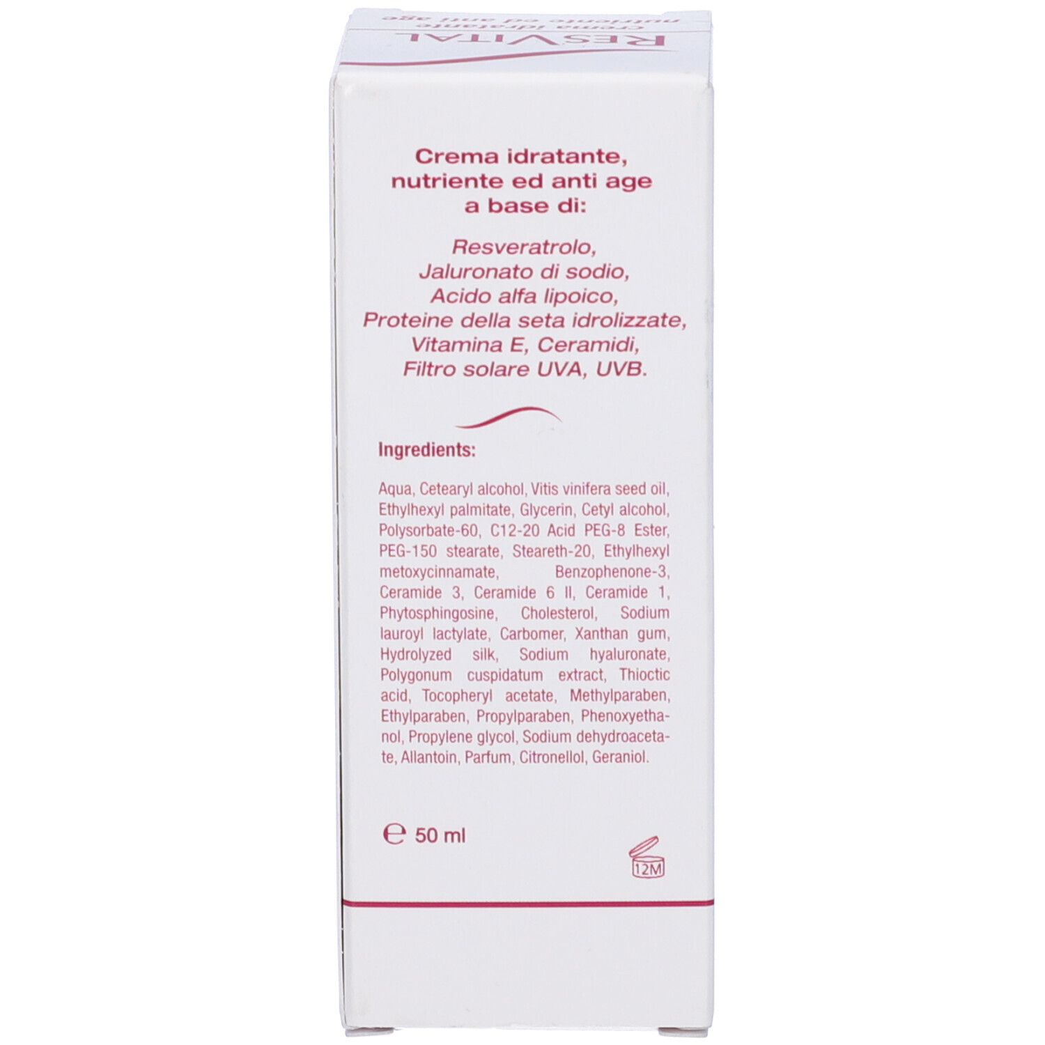 Retro della confezione. Ingredienti e testo in italiano. 50 ml.