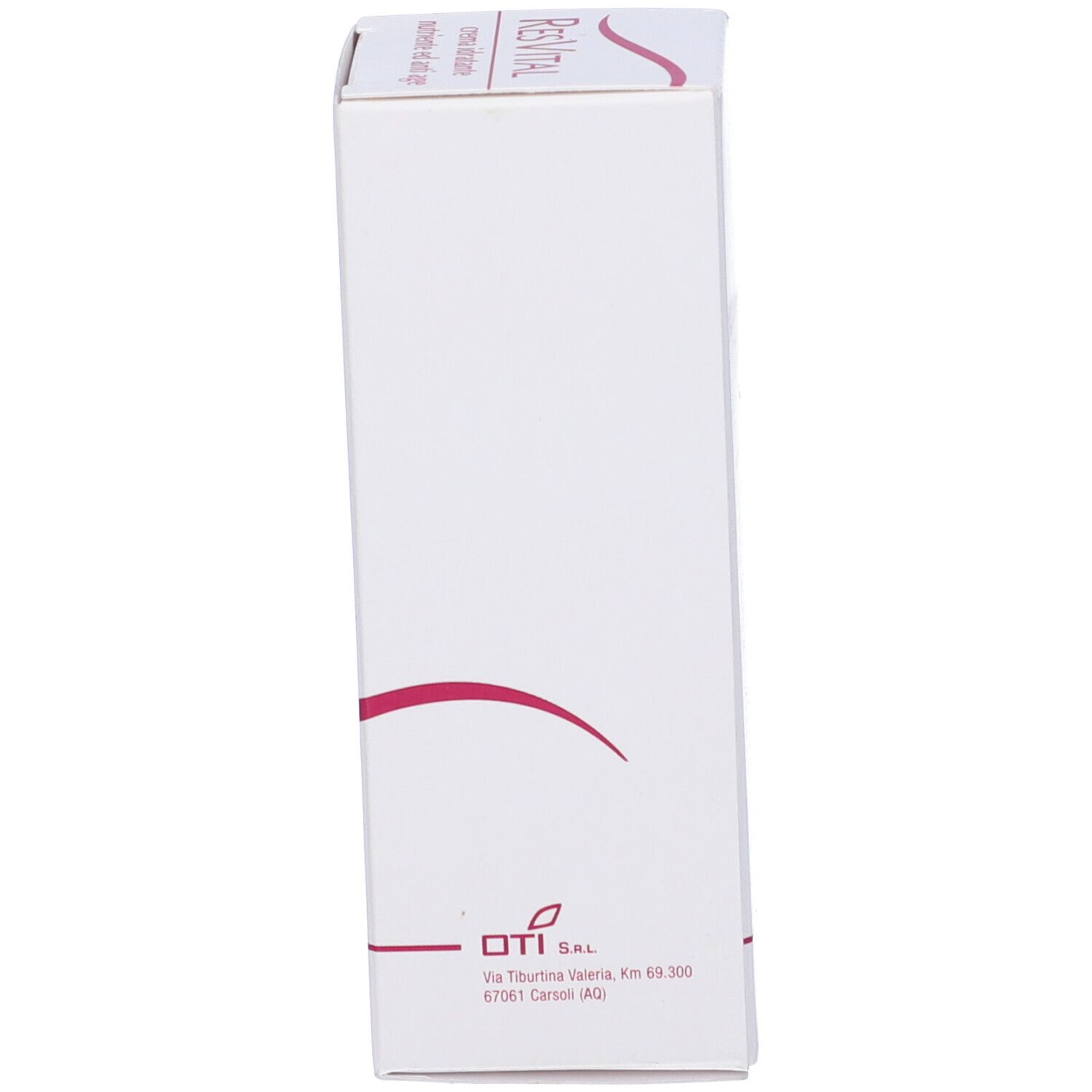 Lato della confezione. Logo OTI e indirizzo in italiano. Linea rossa.