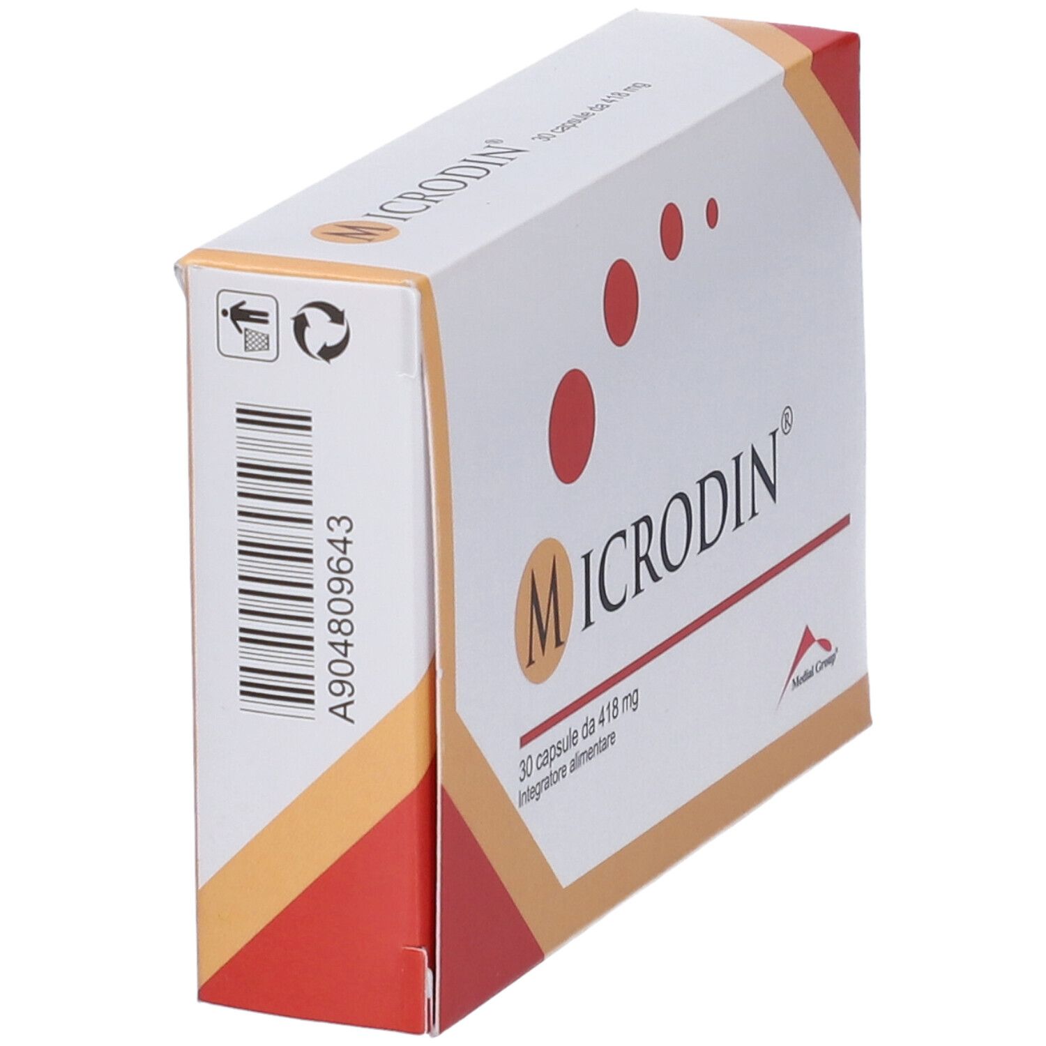 Scatola "Microdin" con logo, 30 capsule. Codice a barre e punti rossi. Accenti arancioni. "Integratore alimentare".