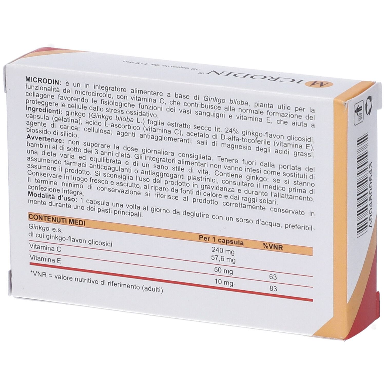 Retro della scatola "Microdin". Testo con ingredienti e informazioni nutrizionali. Testo bianco su sfondo chiaro.