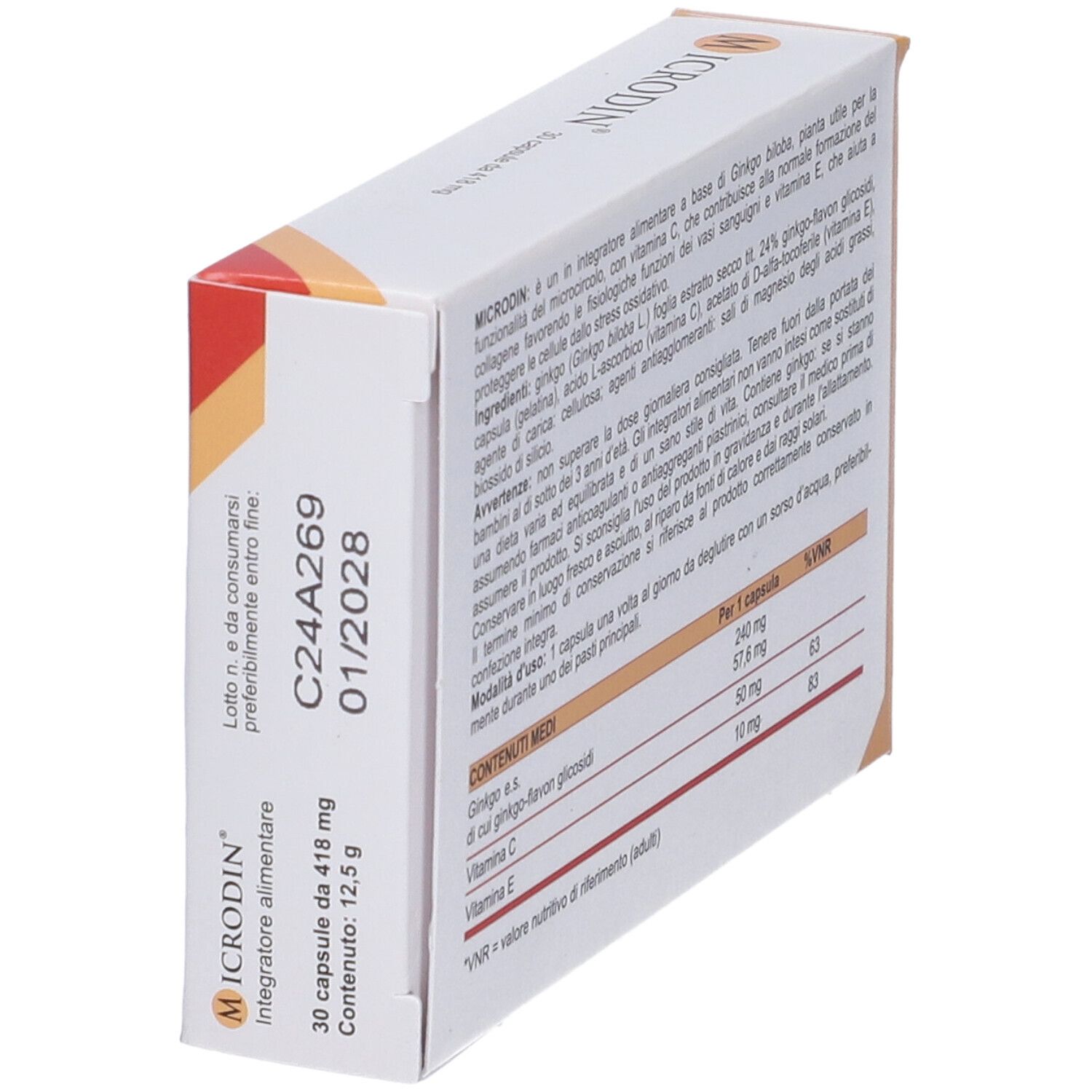 Scatola "Microdin" con logo, 30 capsule. Testo e data di scadenza. Testo bianco su sfondo chiaro.